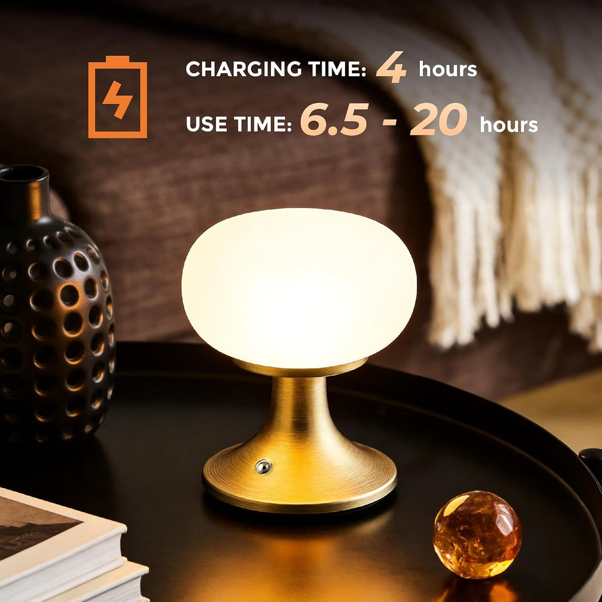 Cordless Mushroom Table Lamp - Stepless Dimming - 2700K Warm Light - Gold | Aluminum Base & Glass Shade - 150LM
