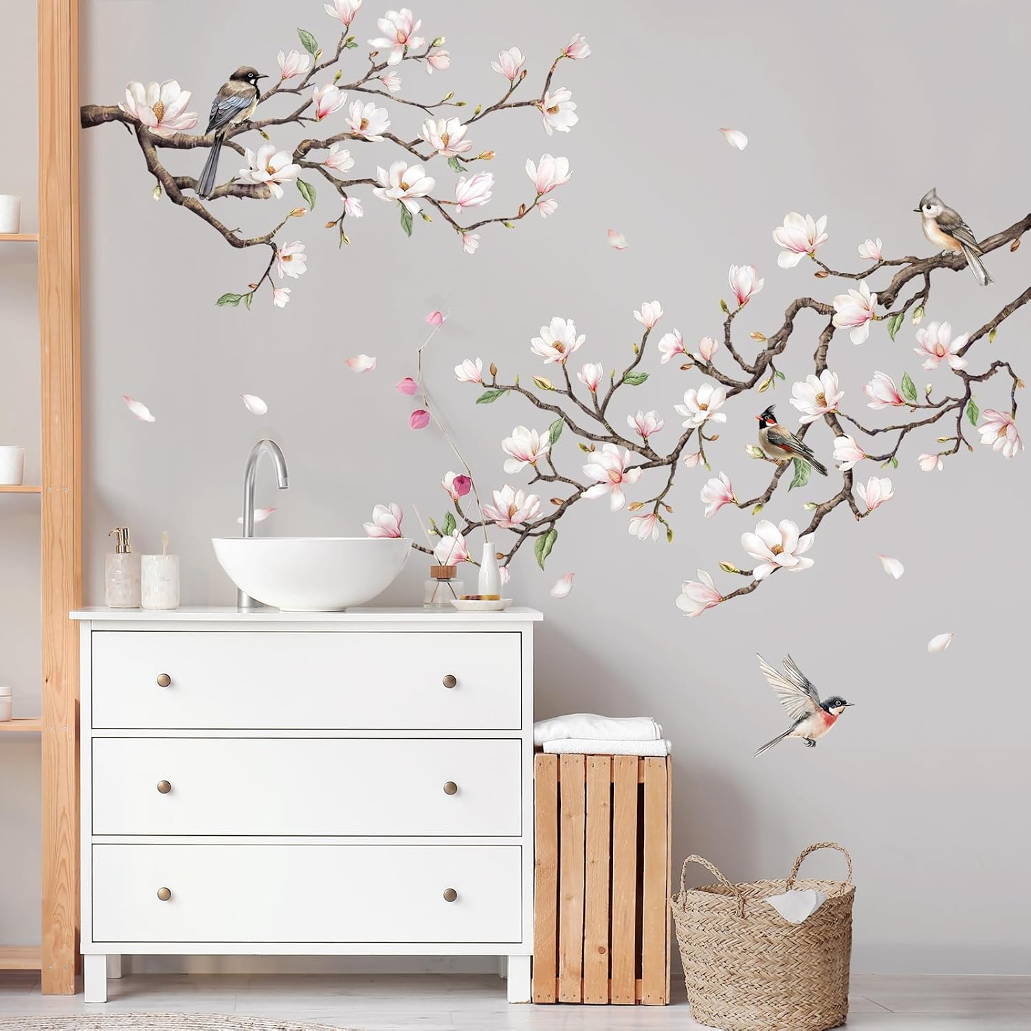 White Magnolia Tree Wall Decals / White Light Pink