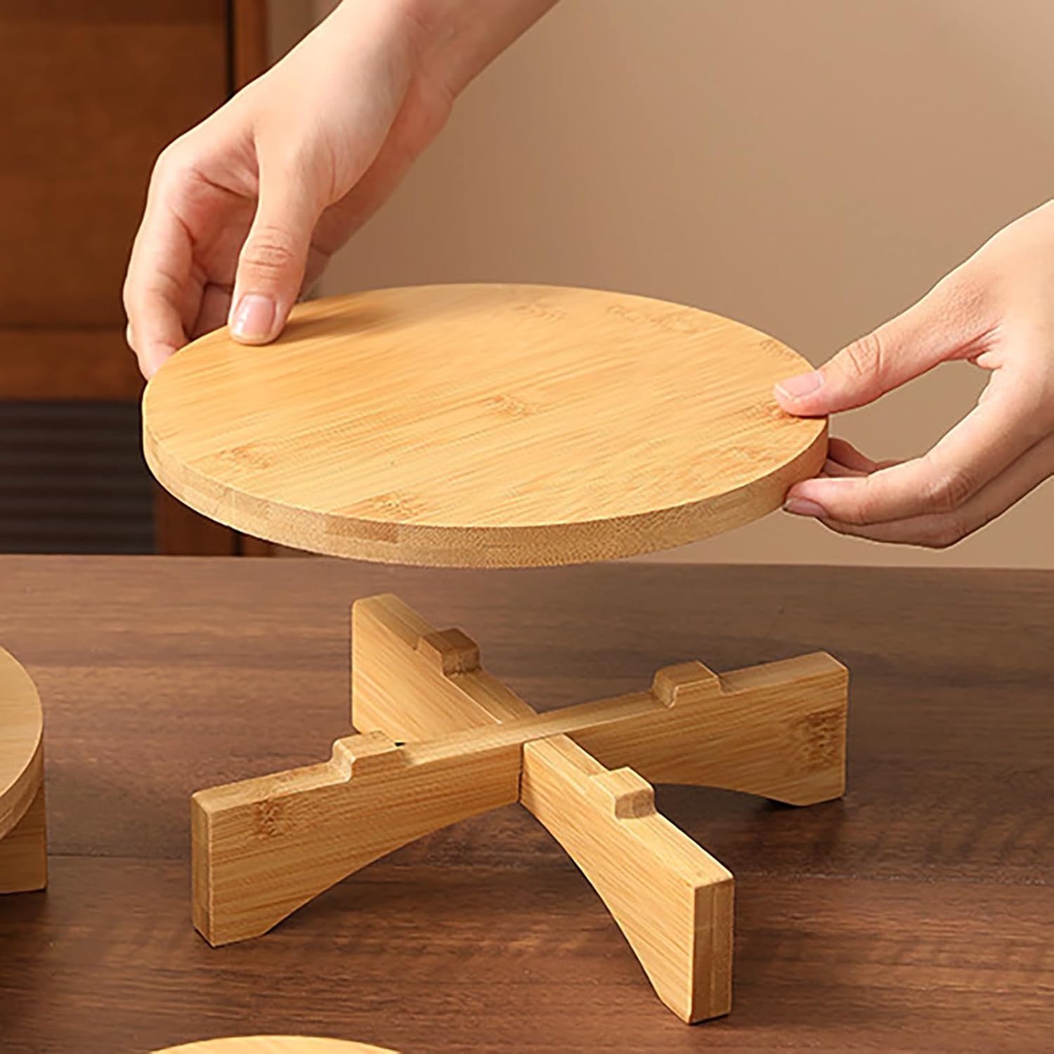 Short Round Wooden Plant Stand Indoor Desktop Flower Pedestal Stand Wood Decor Risers / 6 Inch