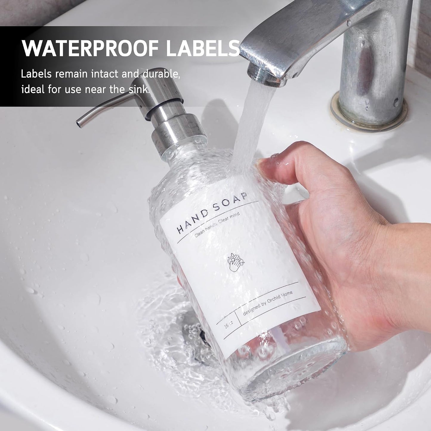 [Luxury] Kitchen Soap Dispenser Set - 16OZ Clear Glass Bottle, Stainless Steel Pump, Instant Dry Tray, Waterproof