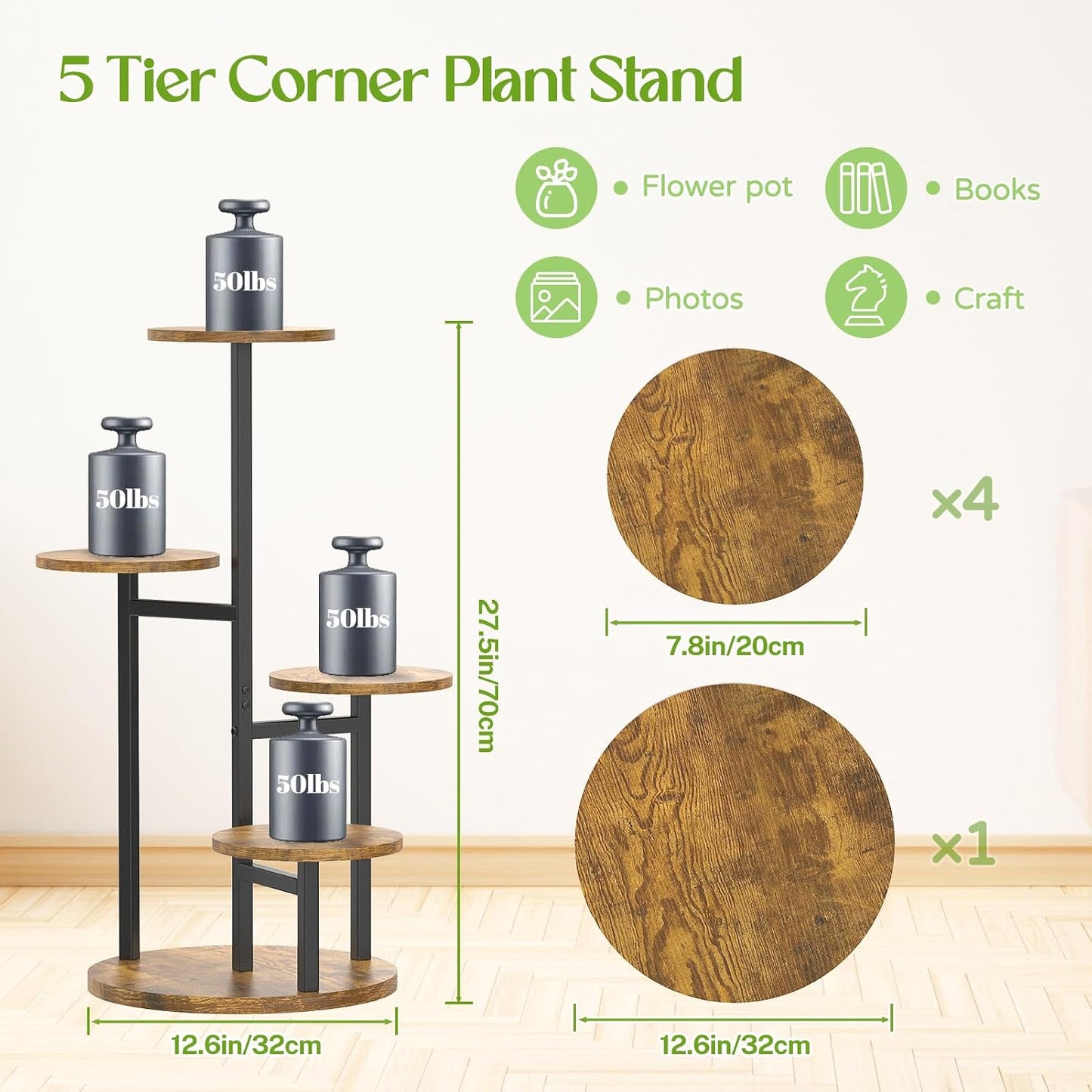 Oppro Plant Stand Indoor, 5 Tier Metal Wood Flower Multiple Shelf | Heavy Duty Round Sturdy Spiral Planter Orchid