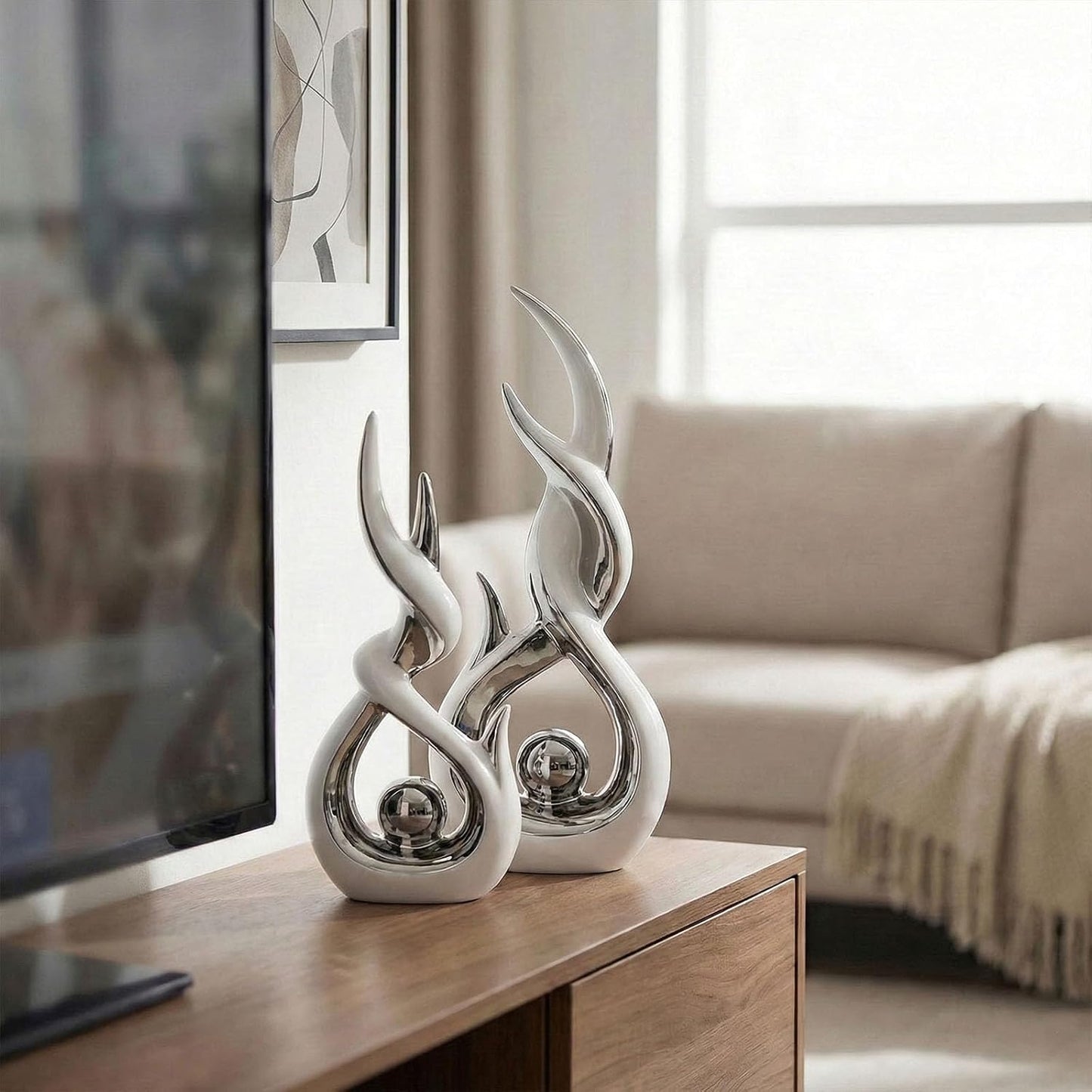 Abstract Ceramic Sculpture Modern Electroplated Figurines Decorative / White and Silver / Set of 2