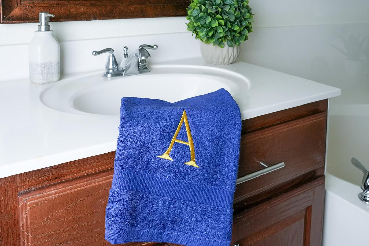 Navy with Gold Monogrammed Hand Towels for Bathroom - Set of 2 Letter A | Luxury Hotel Quality Initial Towels For