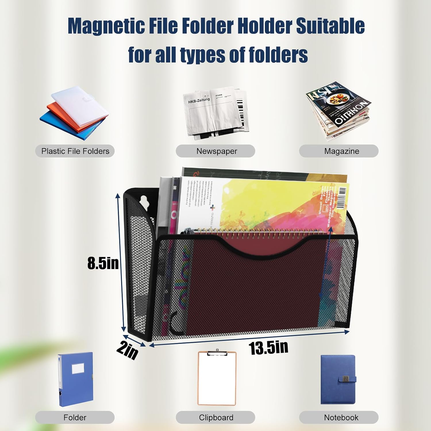 Magnetic File Holder 2 Pockets File Folder Organizer, Office Hanging Magazine Rack for Refrigerator, White Board, No