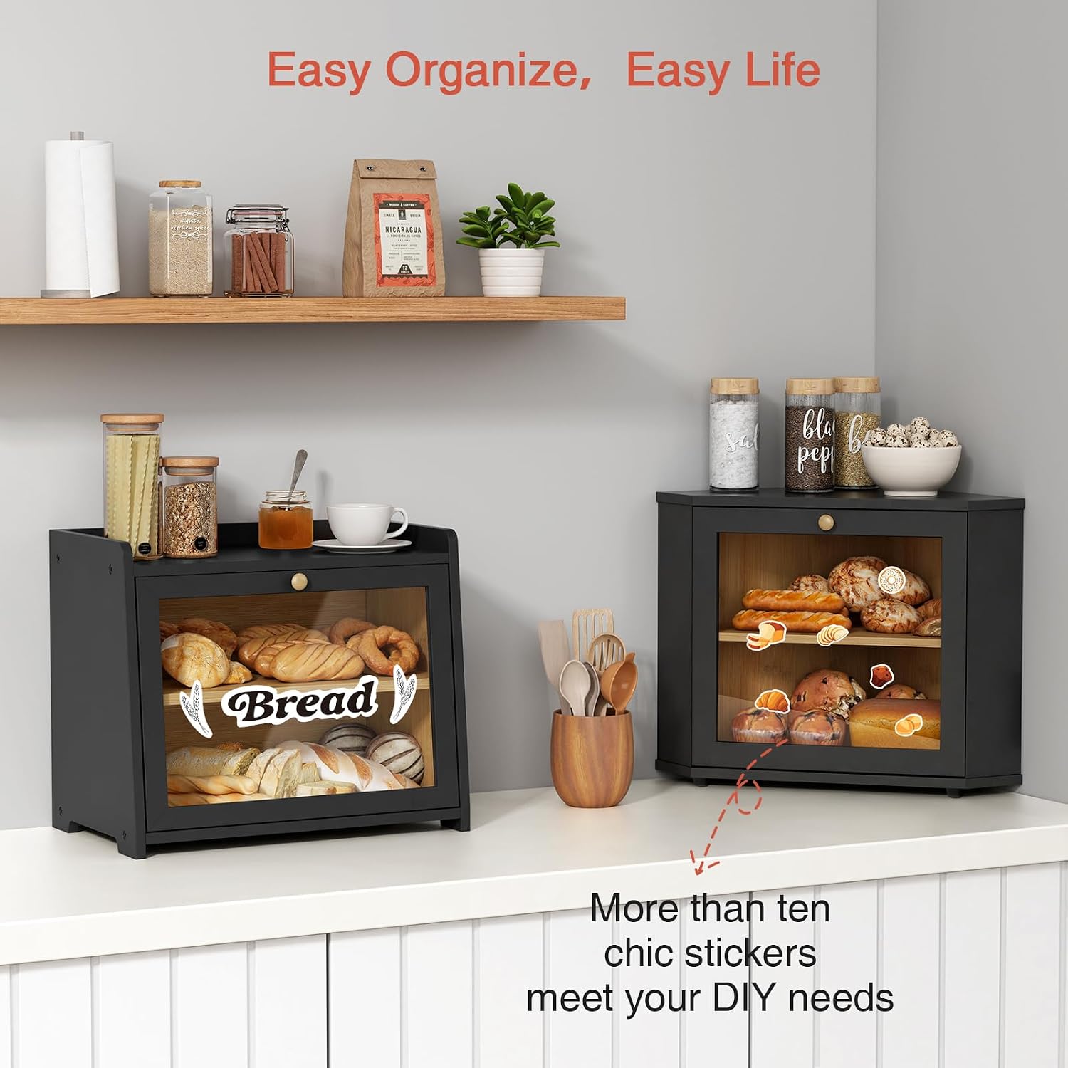 Goozii Corner Bread Box for Kitchen Countertop, Black Bread Storage Container for Homemade Bread, Two Layer Breadbox