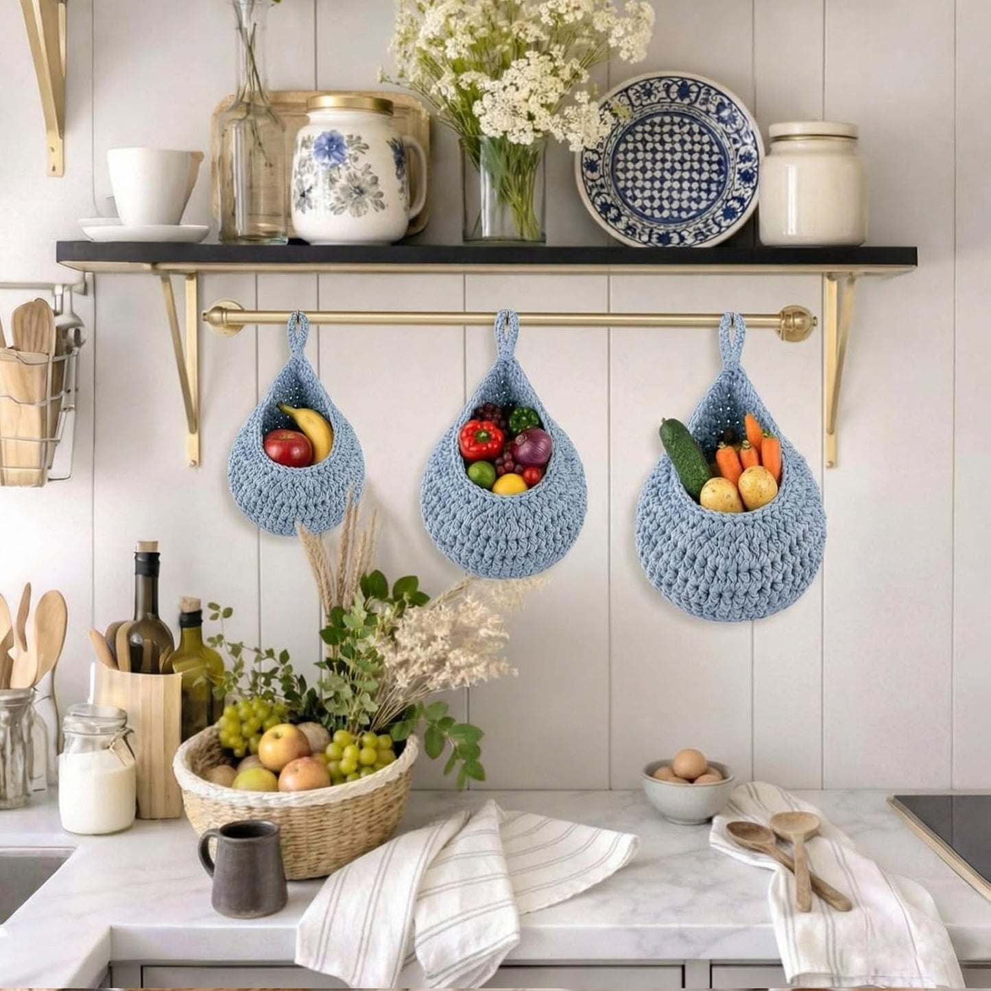 Boho Decor Hanging Wall Baskets / Light Blue / Cotton Rope / Teardrop / Set of 3