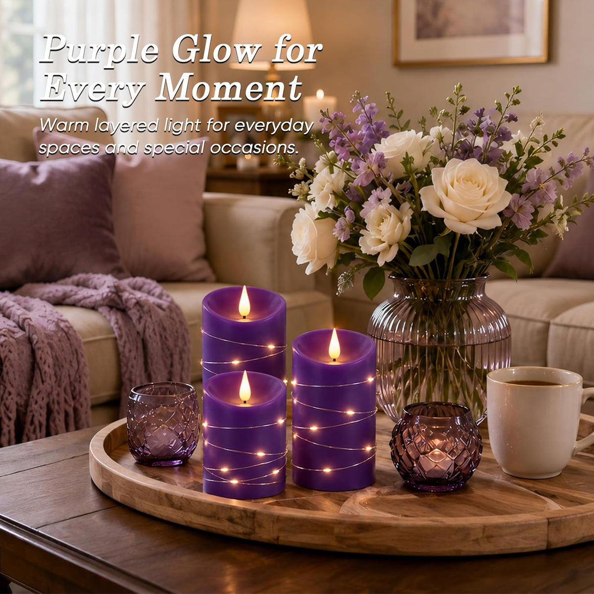 Homemory Purple Flameless Candles with String Lights, Remote Timer, 3 Pack | Flameless candles with string lights, real