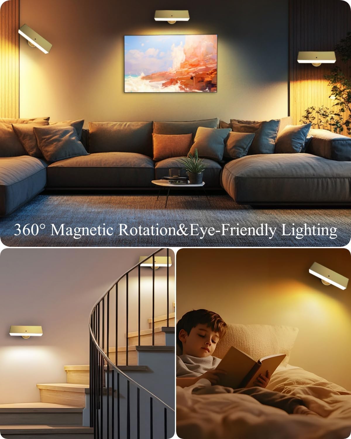 Battery Operated Wall Sconce Set of 2, Gold Rechargeable | Type-C 5V 1A charging, 360° rotation, 3000K/4000K/6000K