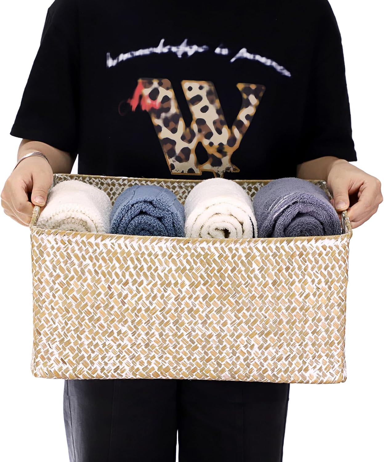Seagrass Storage Basket Bin Rectangular Handwoven Wicker / 16.1 x 11.8 x 7.7 / Large / Whitewash
