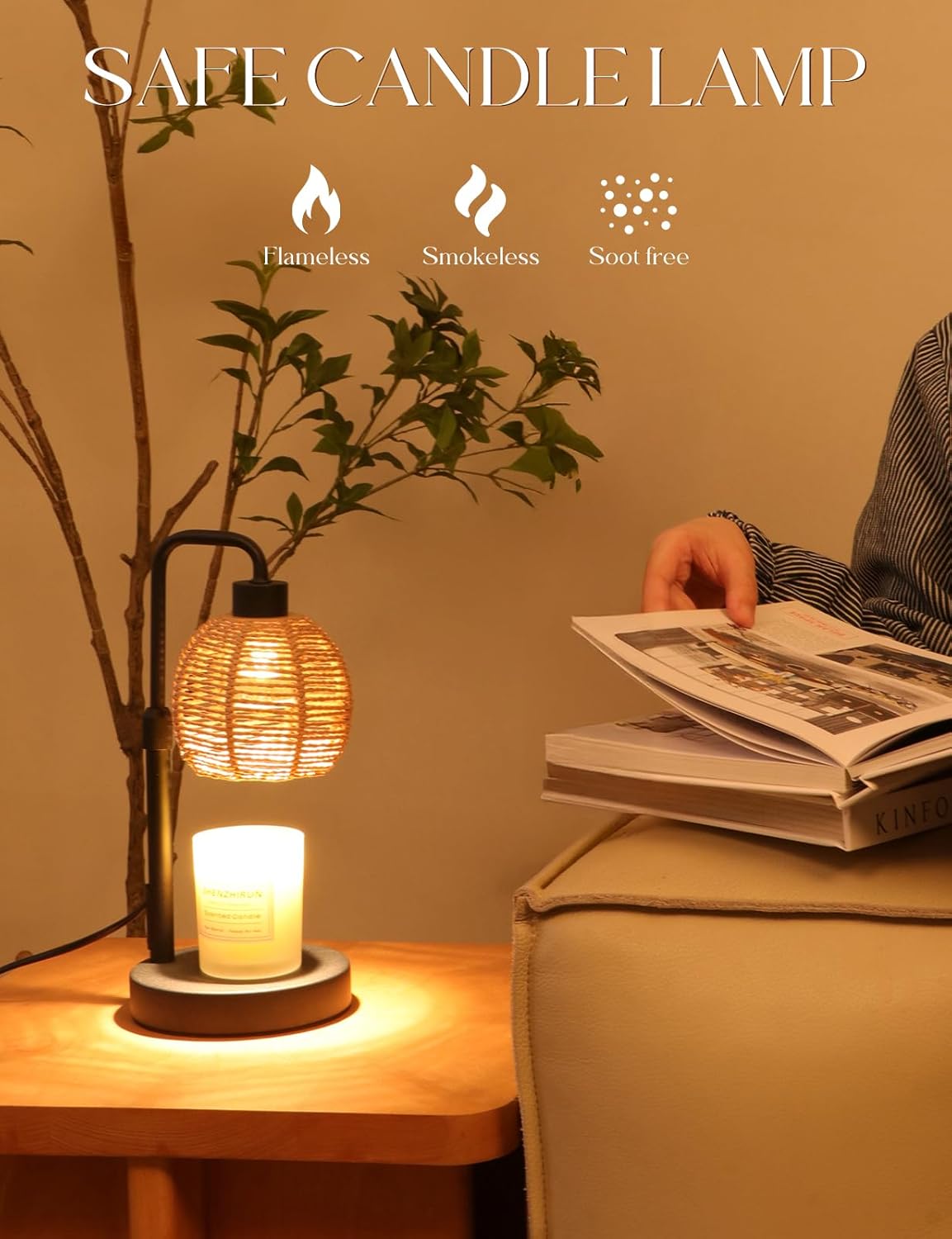 Candle Warmer Lamp with Timer Dimmable, Natural Weaving Boho Electric Candle Lamp, Wax Warmer Lamp for Mothers Day