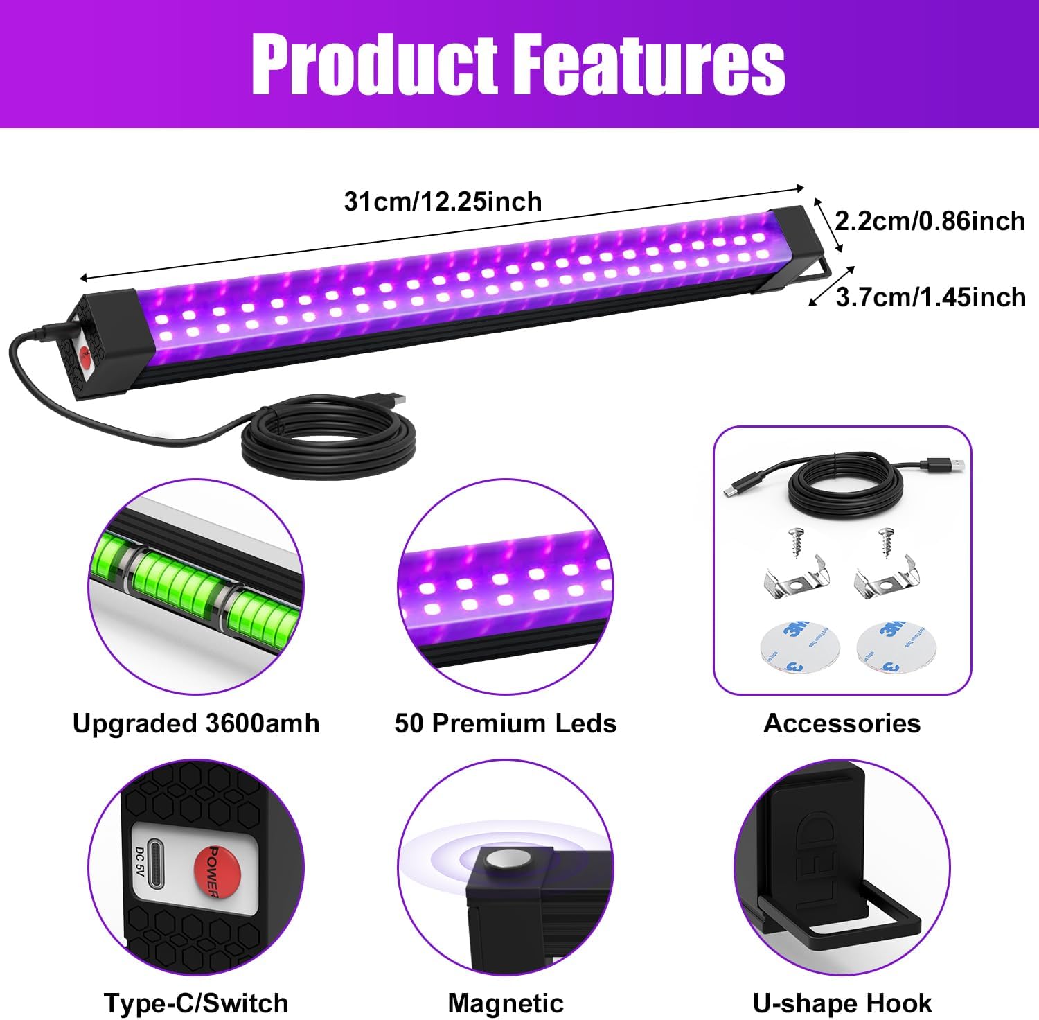 Rechargeable Black Light Bar 4 Packs, Battery Powered Black Lights for Glow Party, Cordless UV Strip Lights with