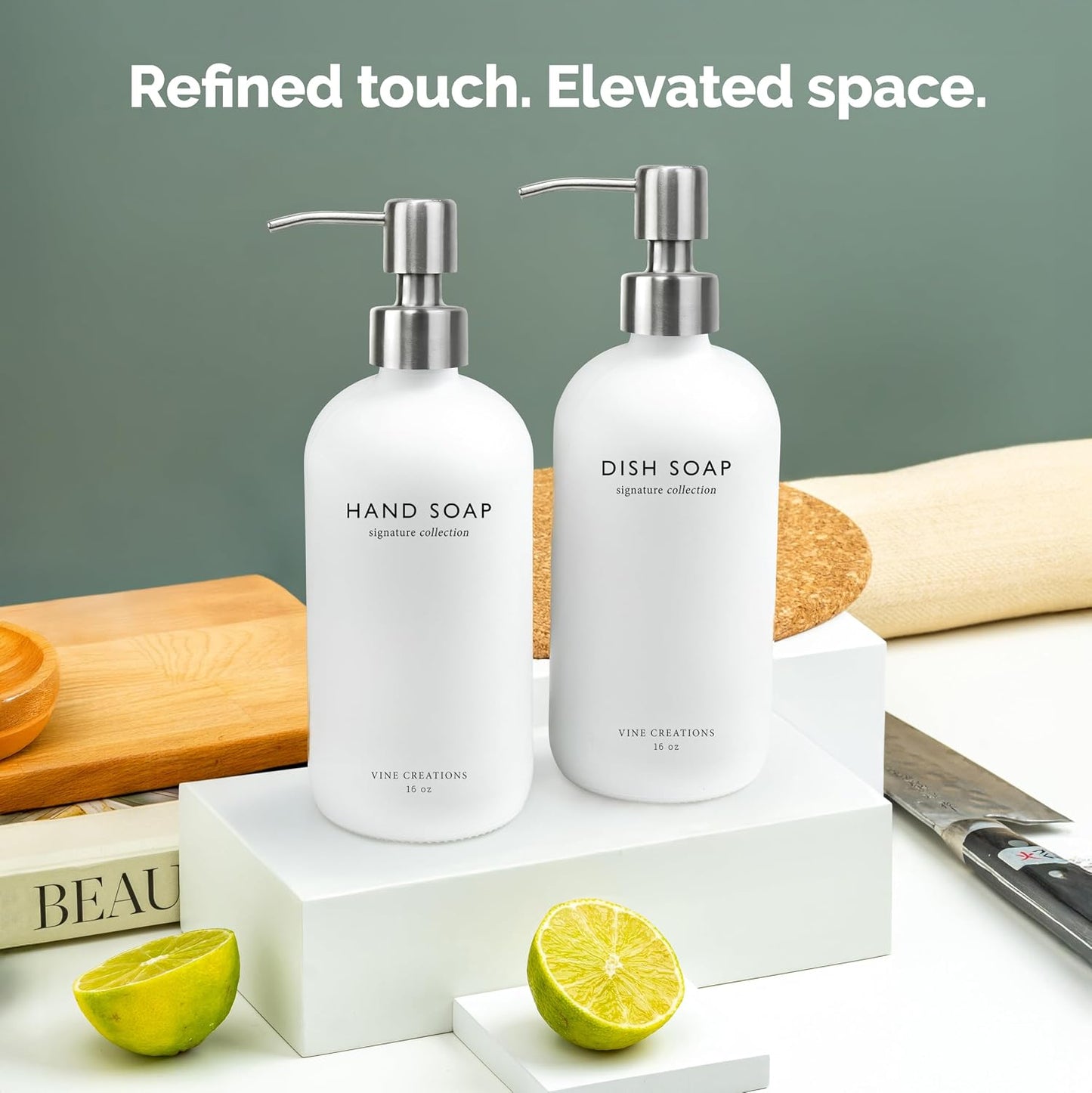 Vine Creations White Glass Soap Dispenser Set, Dish Soap and Hand Soap Dispenser Set with Stainless Steel Pump, 16 oz