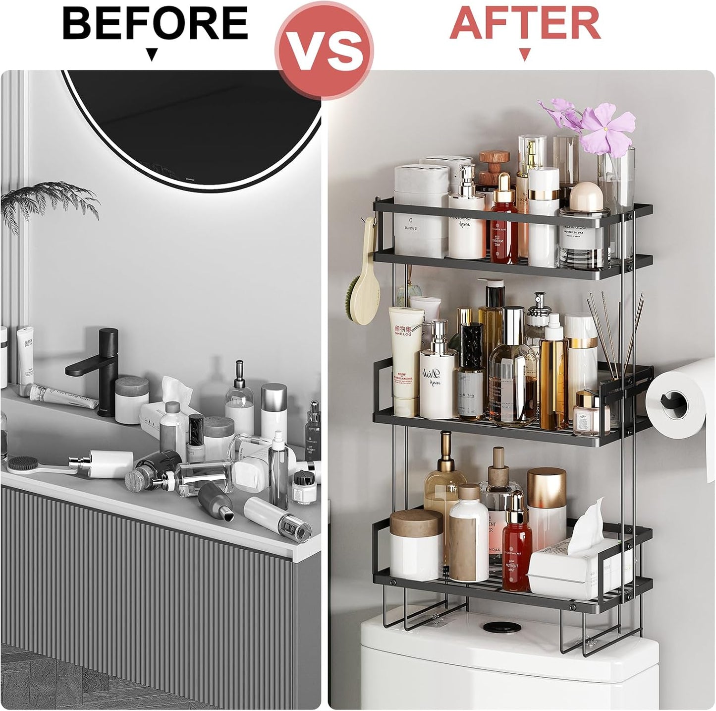 3-Tier Over Toilet Storage Shelf, Wall-Mount with 2 Hook/Paper Rack | Bathroom Organizers and Storage Cabinet