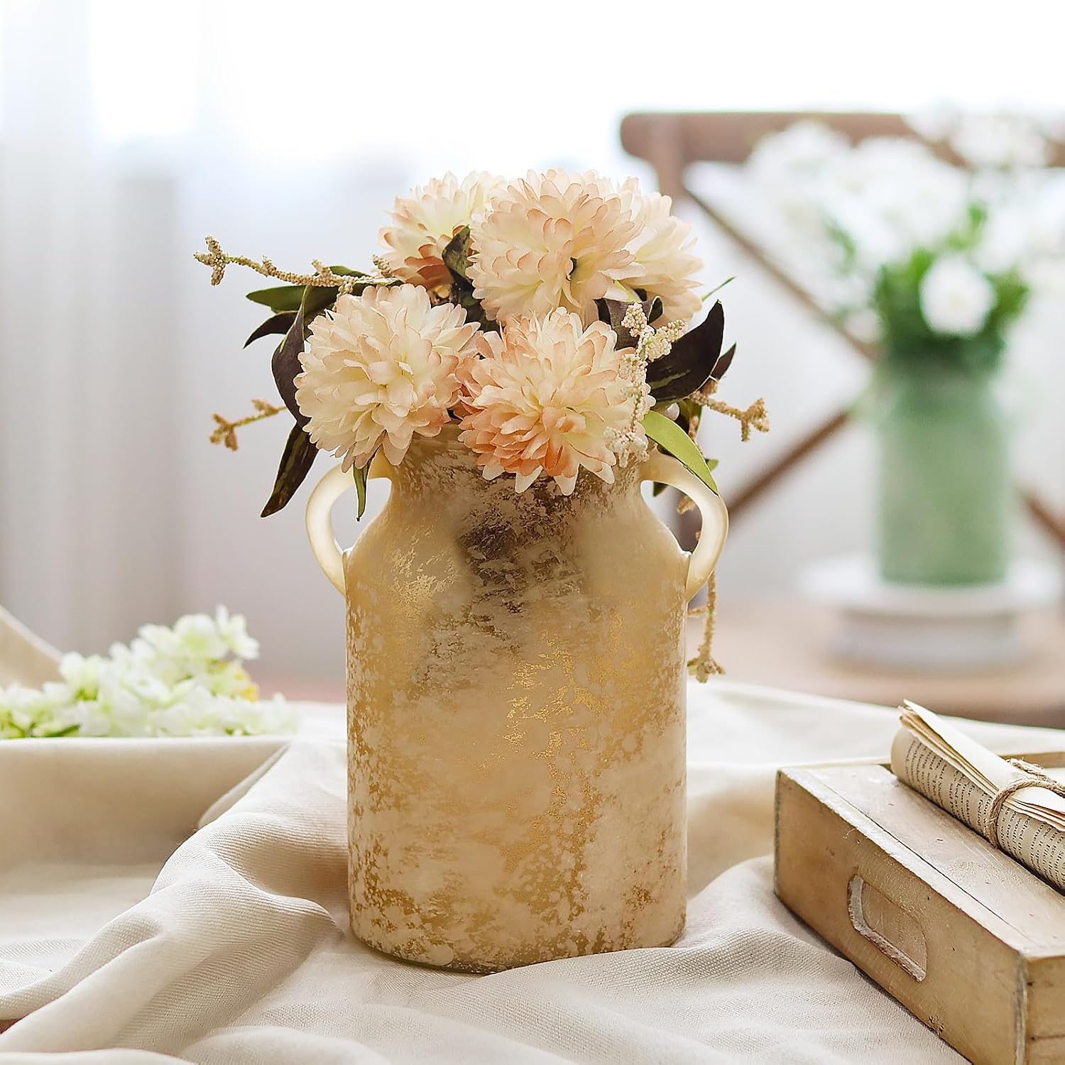 Glass Flower Vase / White Brown / 8 Inch
