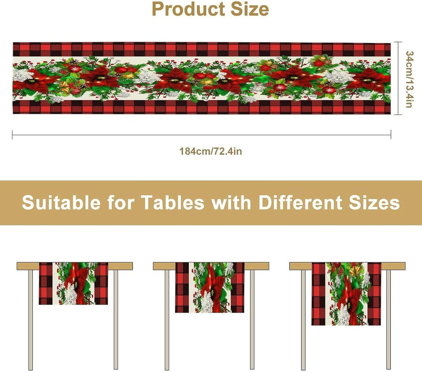 Christmas Linen Table Runner, Red and Black Buffalo Plaid Winter Xmas Holiday Farmhouse Style Patterns Printed Linen