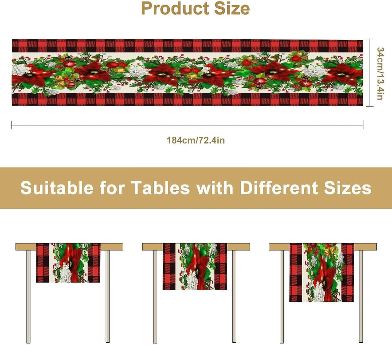 Christmas Linen Table Runner, Red and Black Buffalo Plaid Winter Xmas Holiday Farmhouse Style Patterns Printed Linen