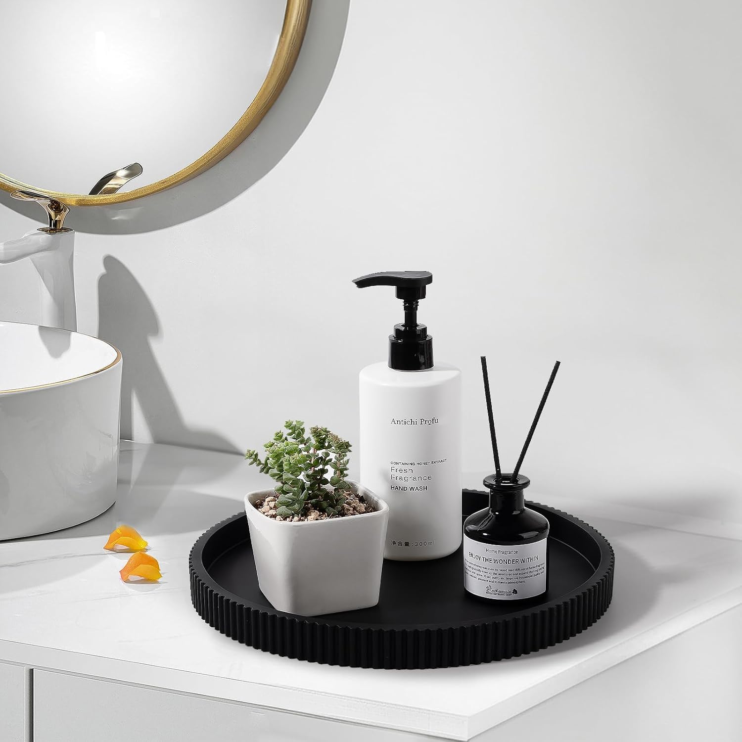 Silicone Bathroom Tray Round Kitchen Counter Organizer Decorative Vanity / Black / Set of 10