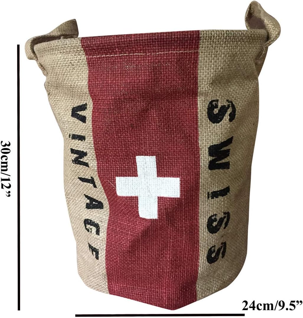 Burlap Woven Storage Basket Collapsible Vintage / Swiss Flag