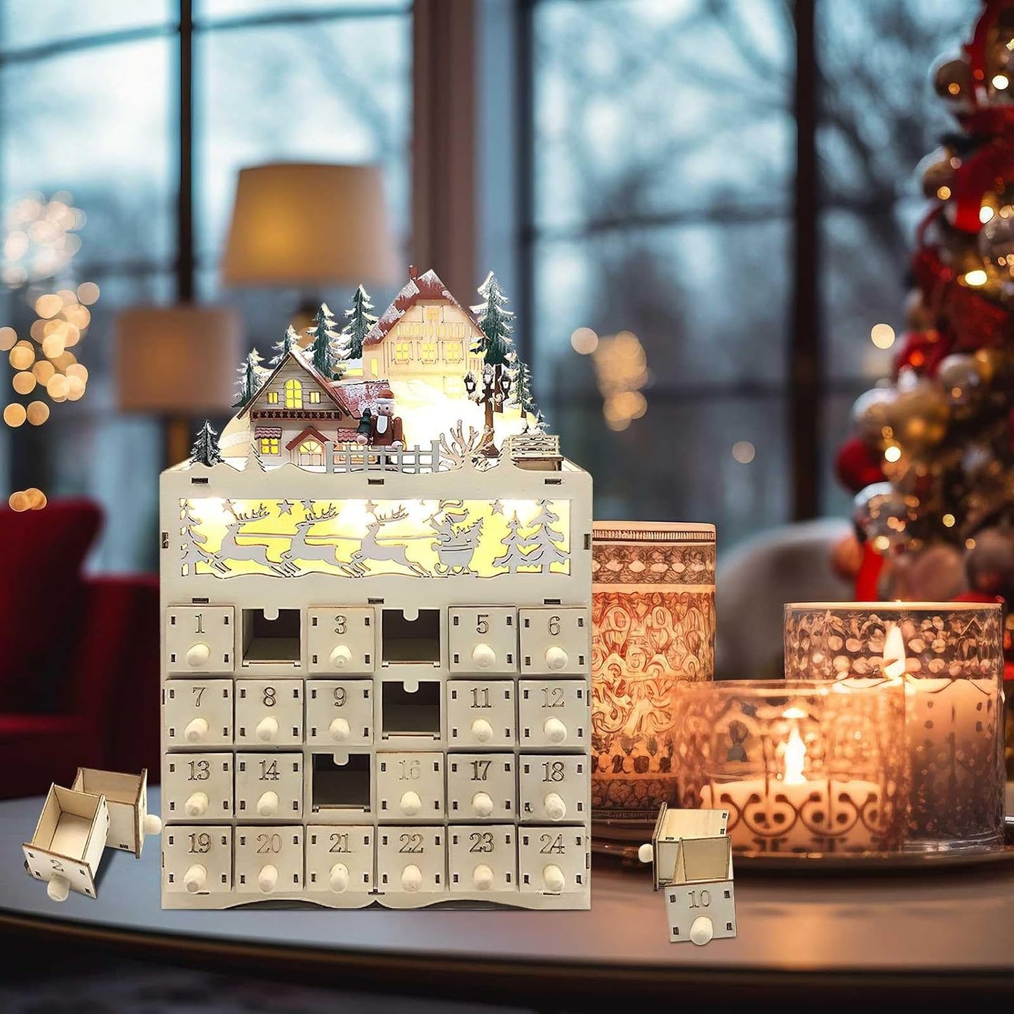 Wooden Advent Calendar Wooden Advent Calendar with 24 Drawers LED Lighted Christmas Advent Calendar Empty Advent