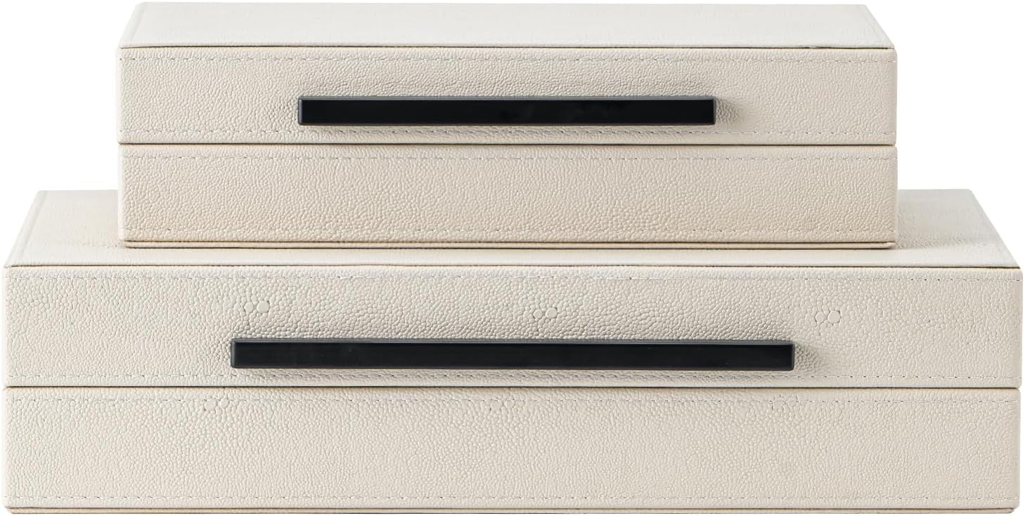 Faux Leather Jewelry & Memory Boxes / Beige+black Handles / 14.2 In / Set of 2