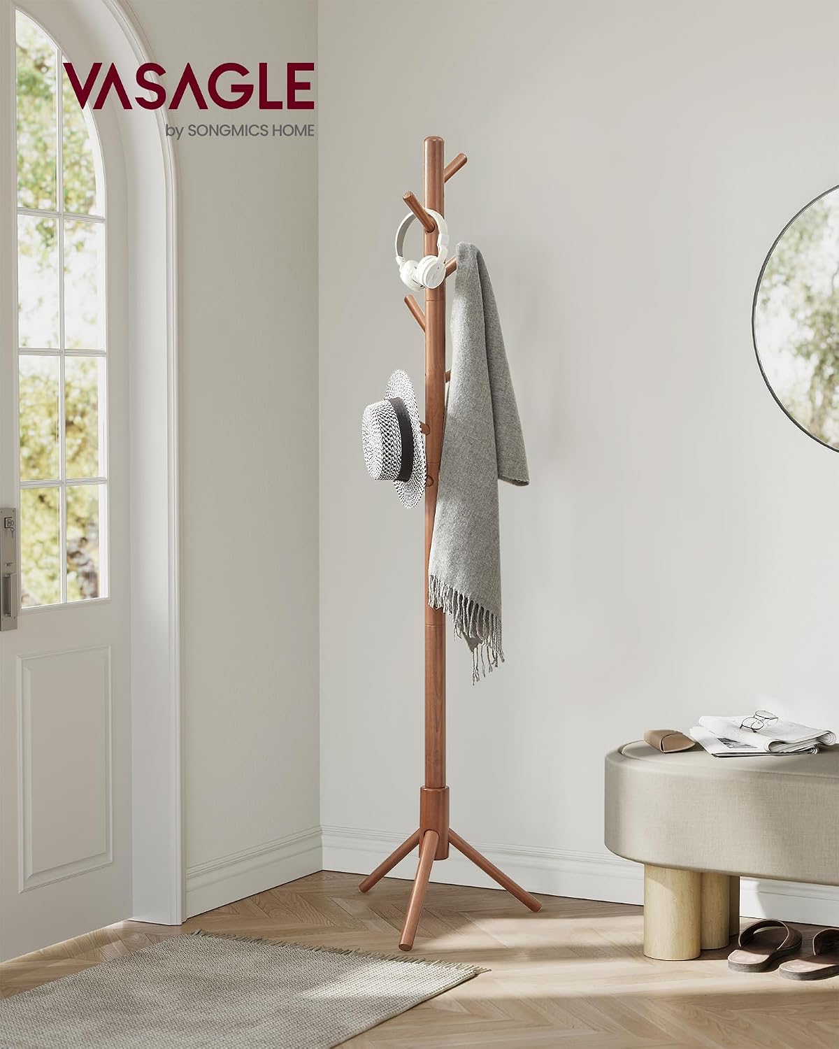 VASAGLE Solid Wood Coat Rack, Free Standing Tree-Shaped Coat Rack with 8 Hooks, 3 Height Options, for Clothes, Hats