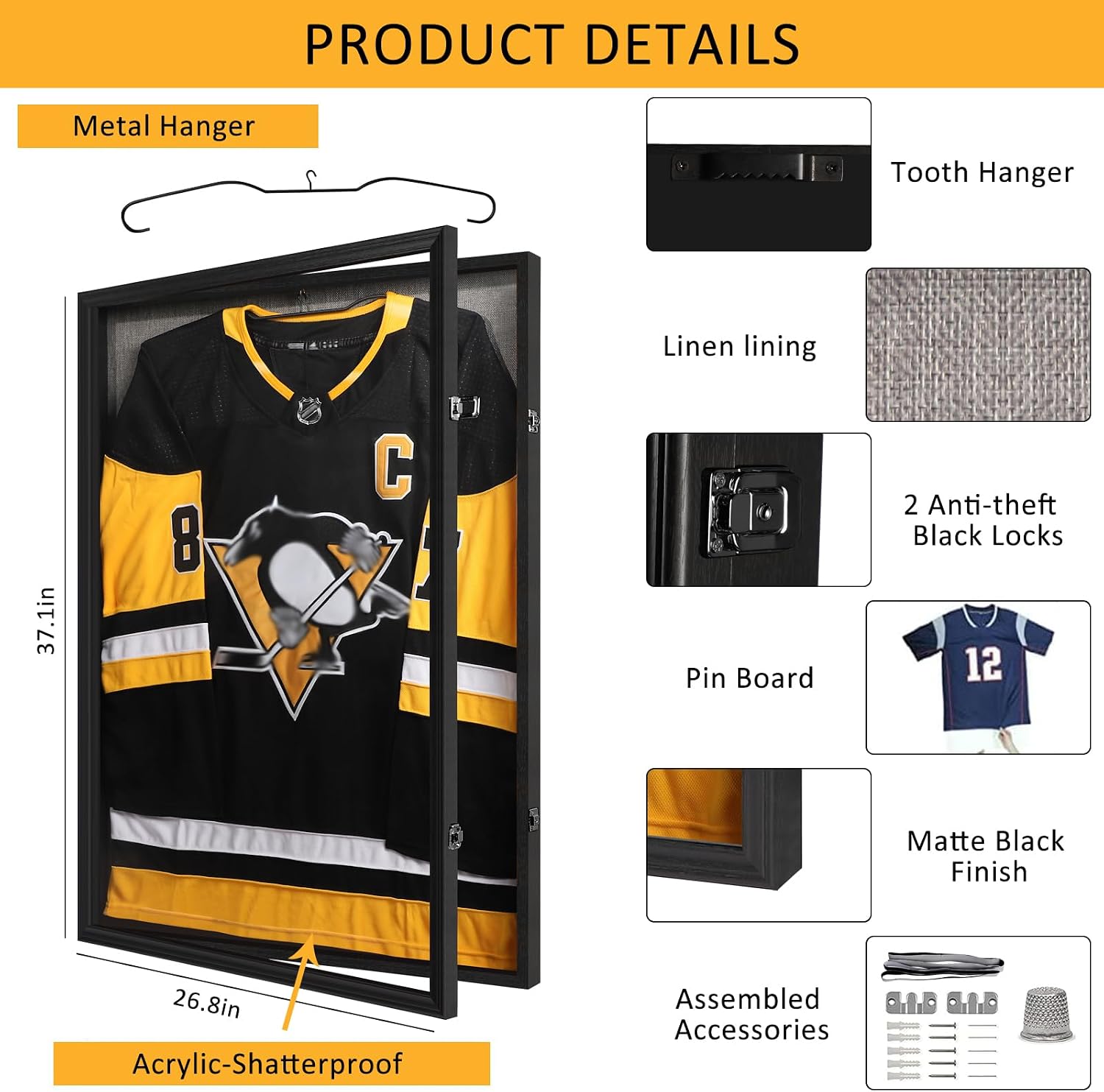 Large Jersey Frame Display Case, 26x37 Lockable Shadow Box Sports Jersey Frame with UV Protection Acrylic and Metal