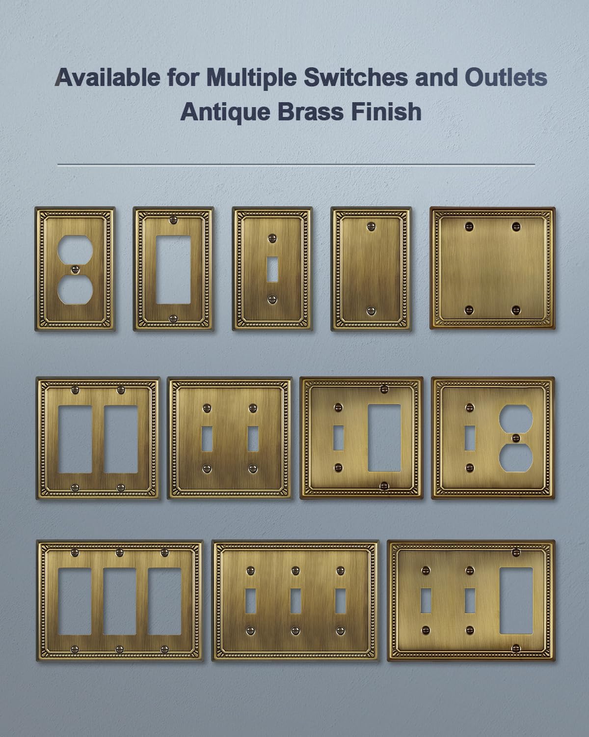 Switch Plates Outlet Covers, 6-Pack Antique Brass Metal Wall Plates | Midsize Beaded Duplex Outlet Cover, Fits Standard