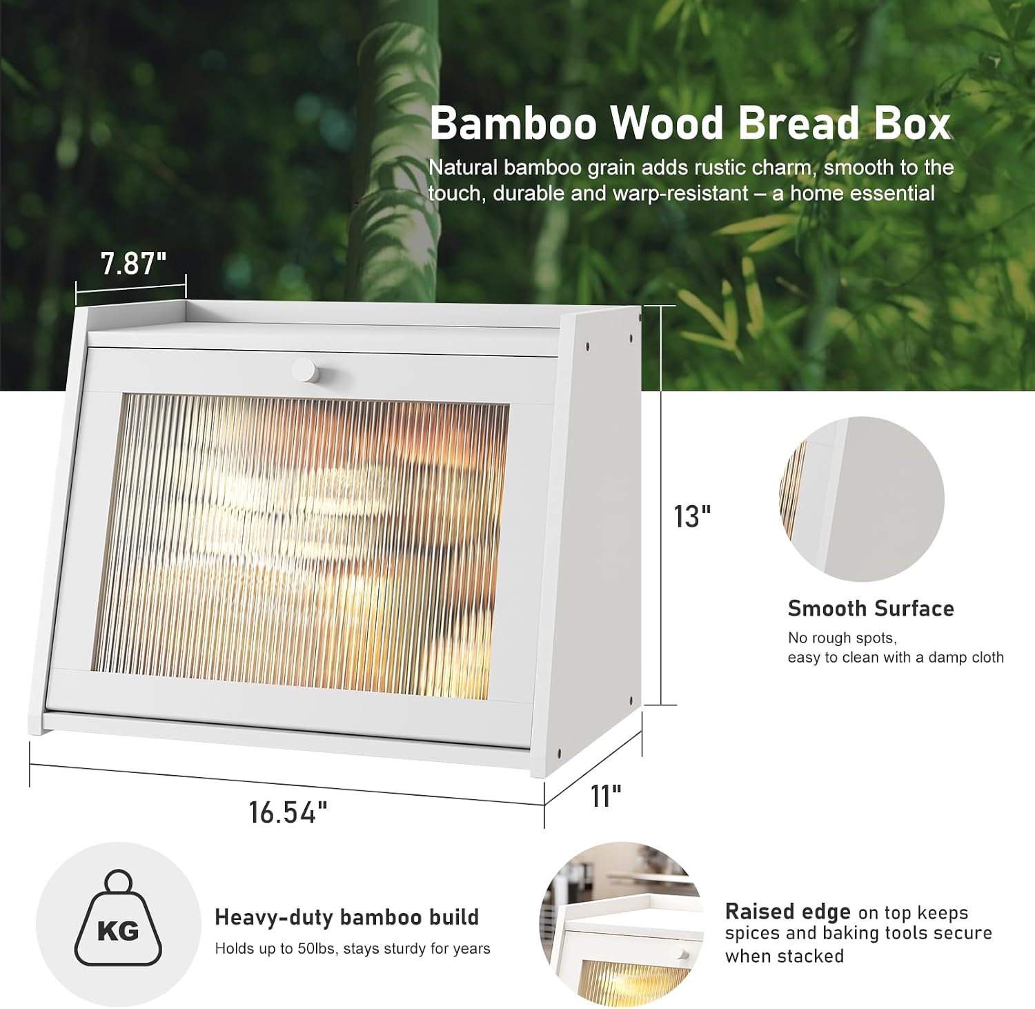 kiplant Large Bread Box for Kitchen Counter, White Bamboo Bread Storage Container with Wavy Arcylic Transparent Door