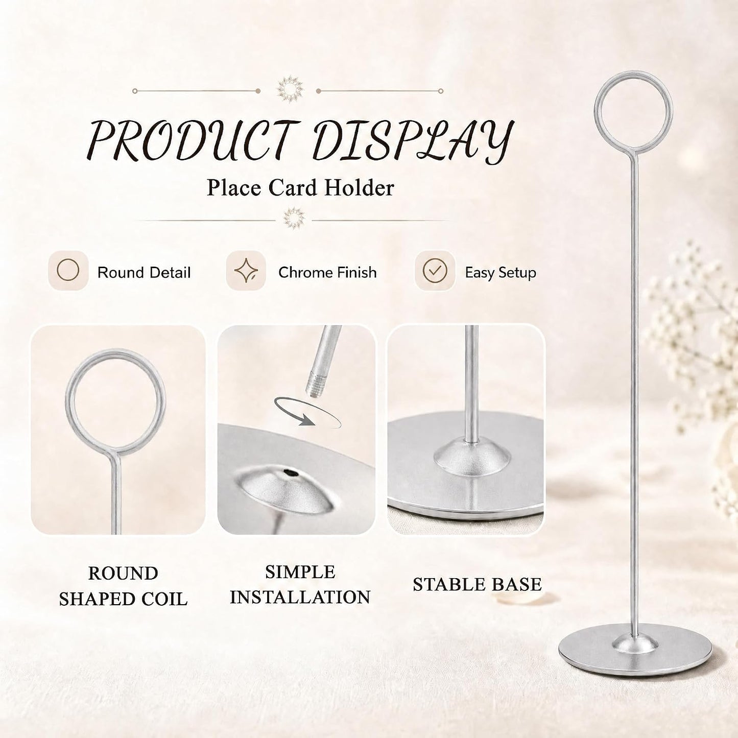 12 Inch Matte Silver Steel Place Card Holder,16 Pack Table Number Holder | Table Card Stand,Table Number Stand for