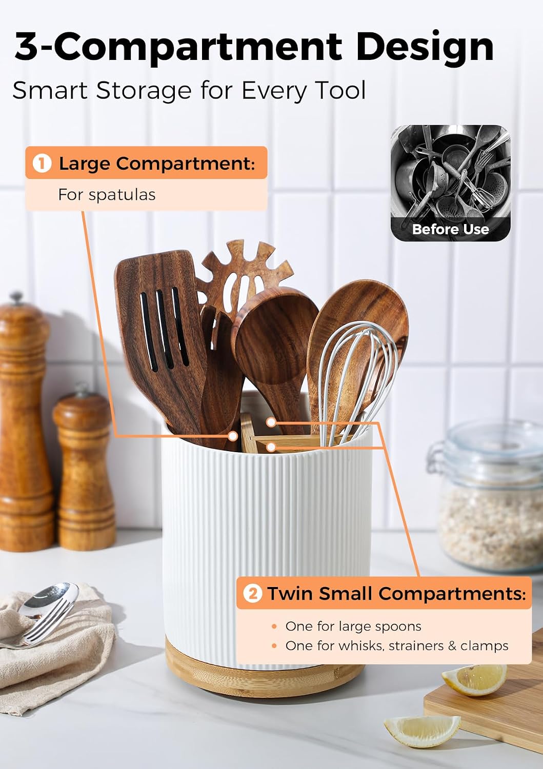 LoeJan 7.5" Utensil Holder, 3 Compartment Ceramic Kitchen Utensil Holder with Cork Bottom, Large Utensil Crock for