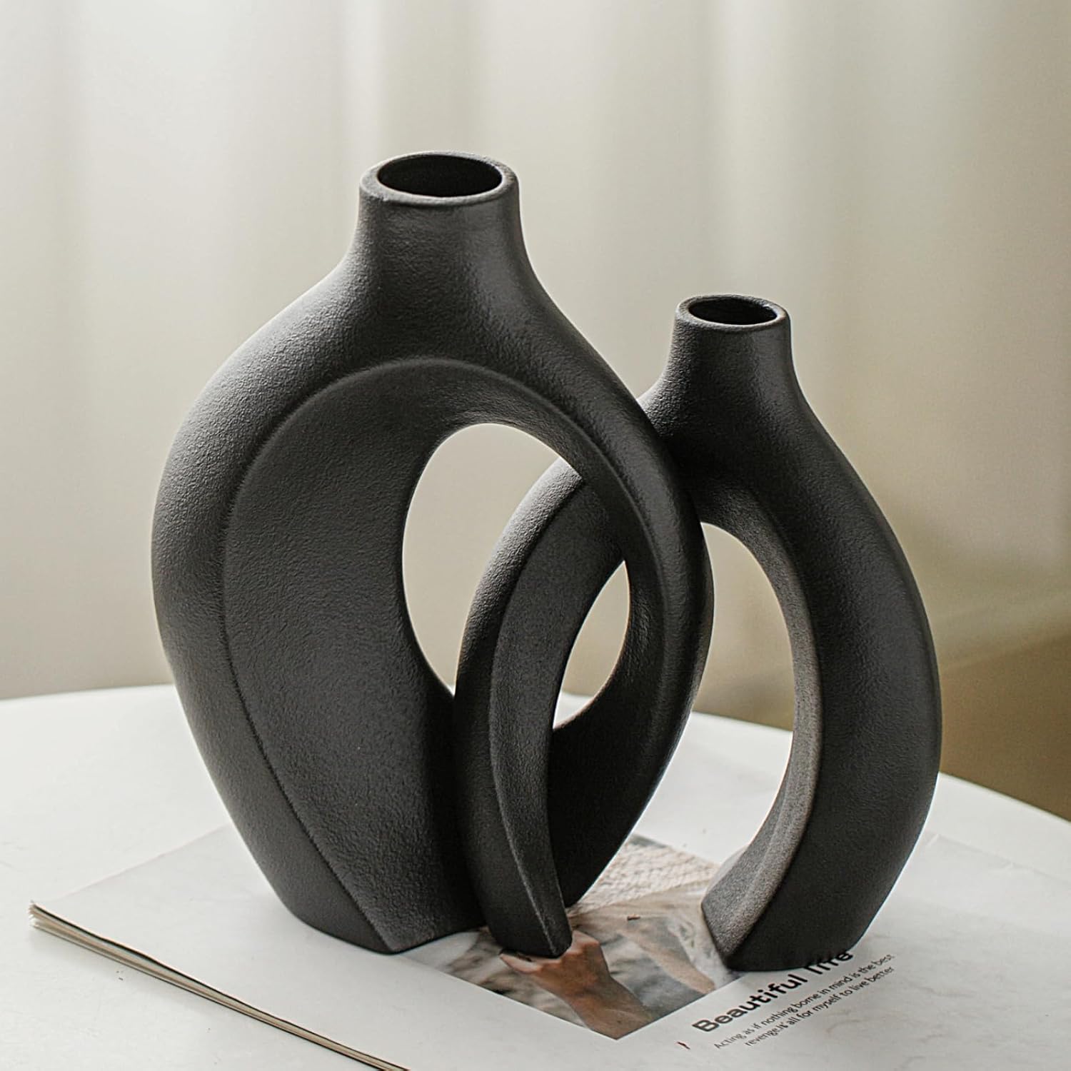 Black Hollow Ceramic Vase / Black - Round Large / Set of 2