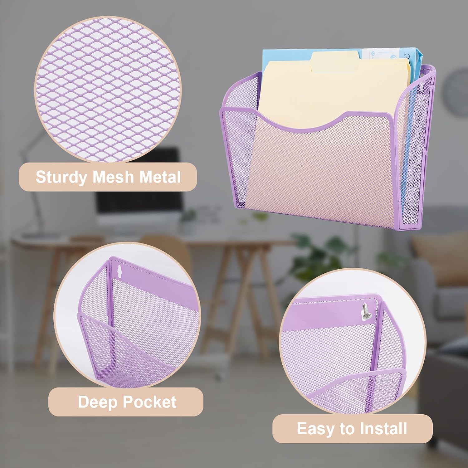 3 Single Pocket Mesh Hanging File Organizer, Vertical Wall Mounted Magazine File Holder, Mount Basket Mail Paper