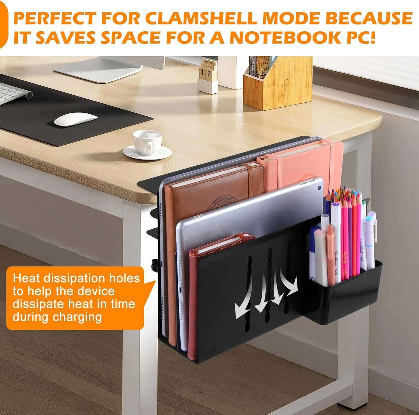 Desk Side Storage, 2 Tier Steel Hanging Organizer, No Drill Side Desk Organizer, Laptop Holder, with Pen Holder, For