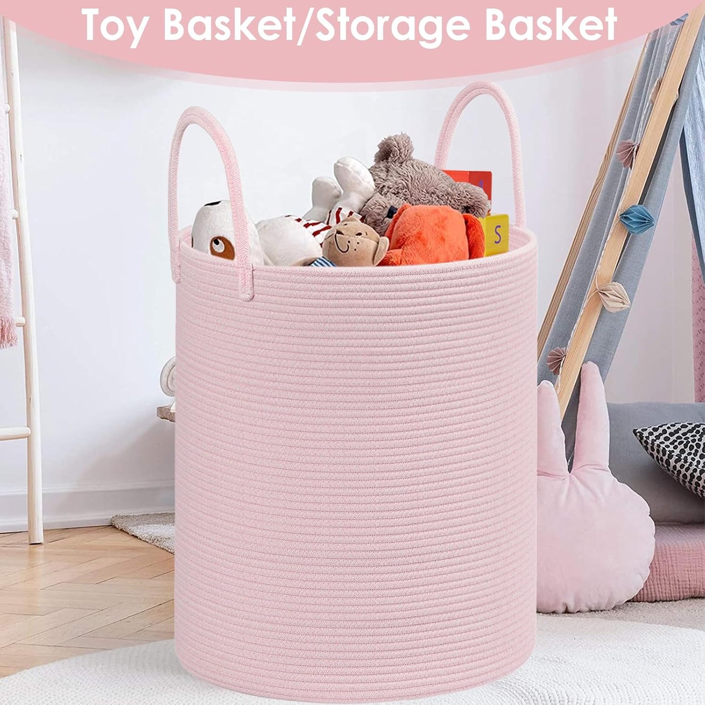 Large Woven Laundry Basket Hamper / Pink / 100L