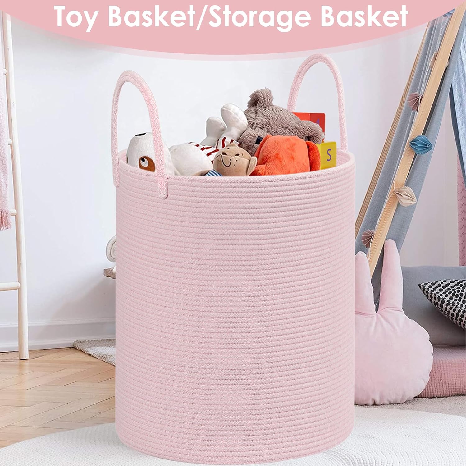 Large Woven Laundry Basket Hamper / Pink / 100L