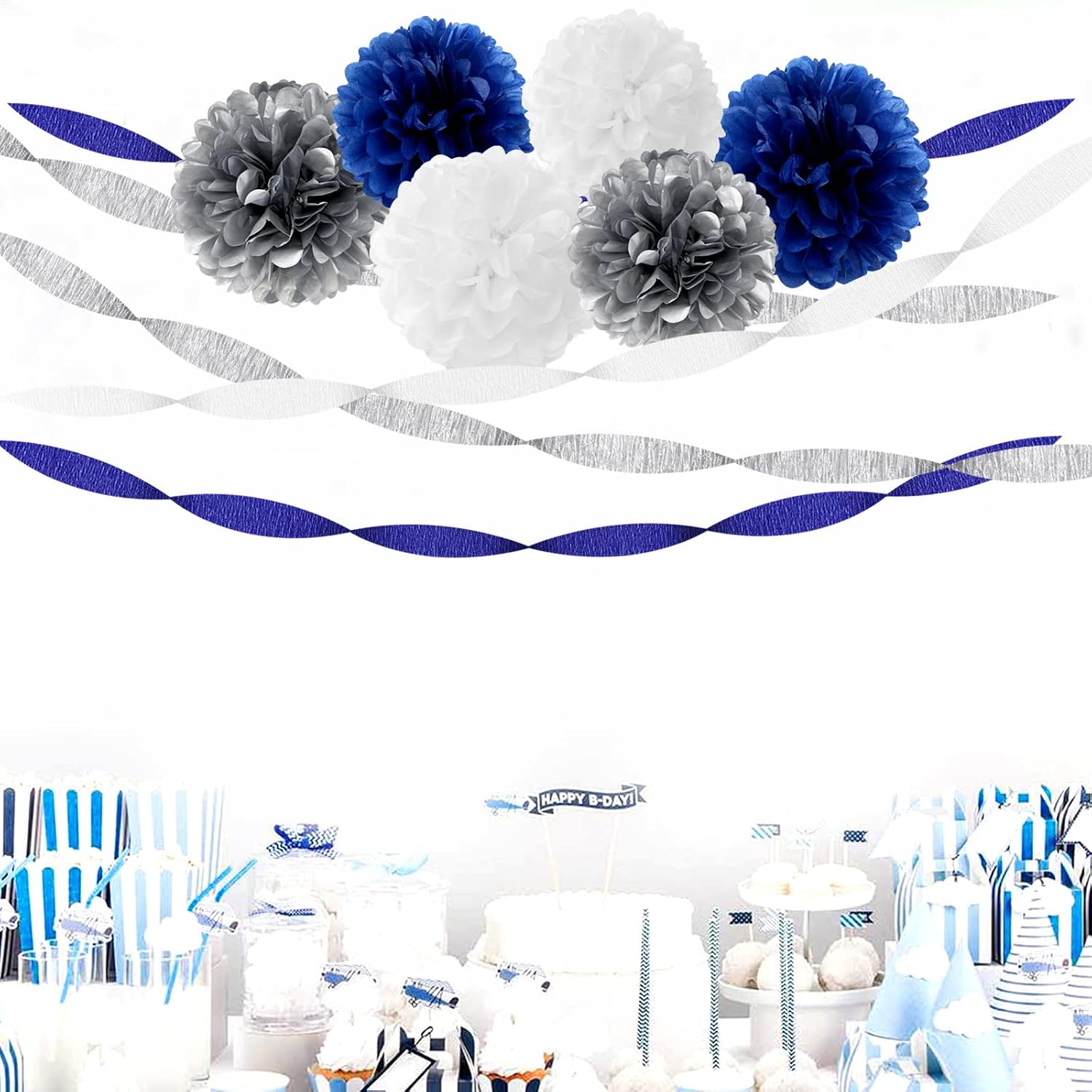 Navy-Blue White- Silver Crepe Paper Streamers / Navy Blue White Silver