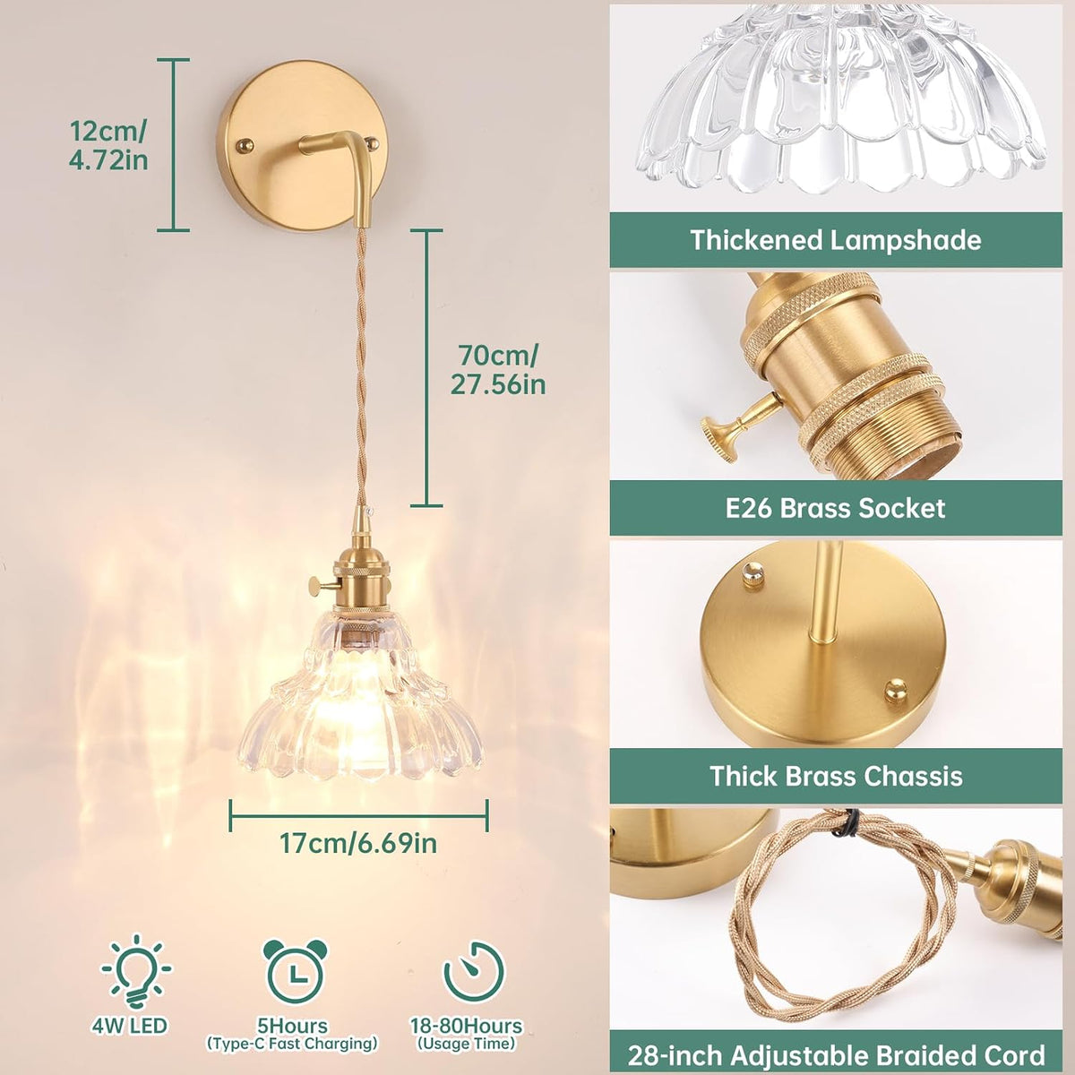 Shenmoyl Vintage Battery Operated wall sconces Set of 2, Wall Lamps with Clear Lily of the Shade Pattern Glass