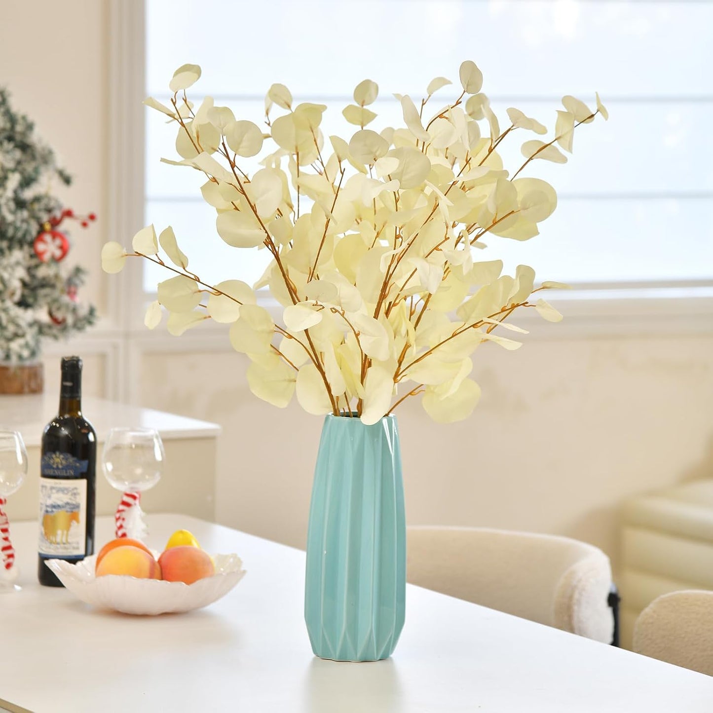 Artificial Eucalyptus Stems Long 33" Fake Eucalyptus Leaves Branches / Cream White*3 / Set of 3