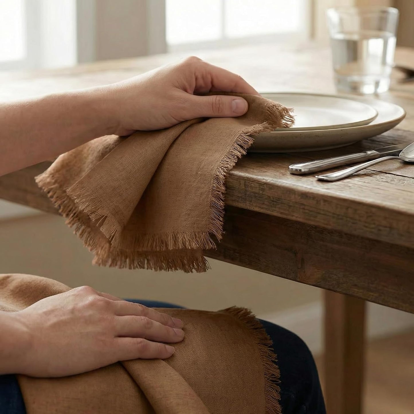 ACCENTHOME Brown Cotton Linen Napkin Set of 12 18x18 inch Dinner Napkins - Washable Soft Premium Hotel Quality Reusable