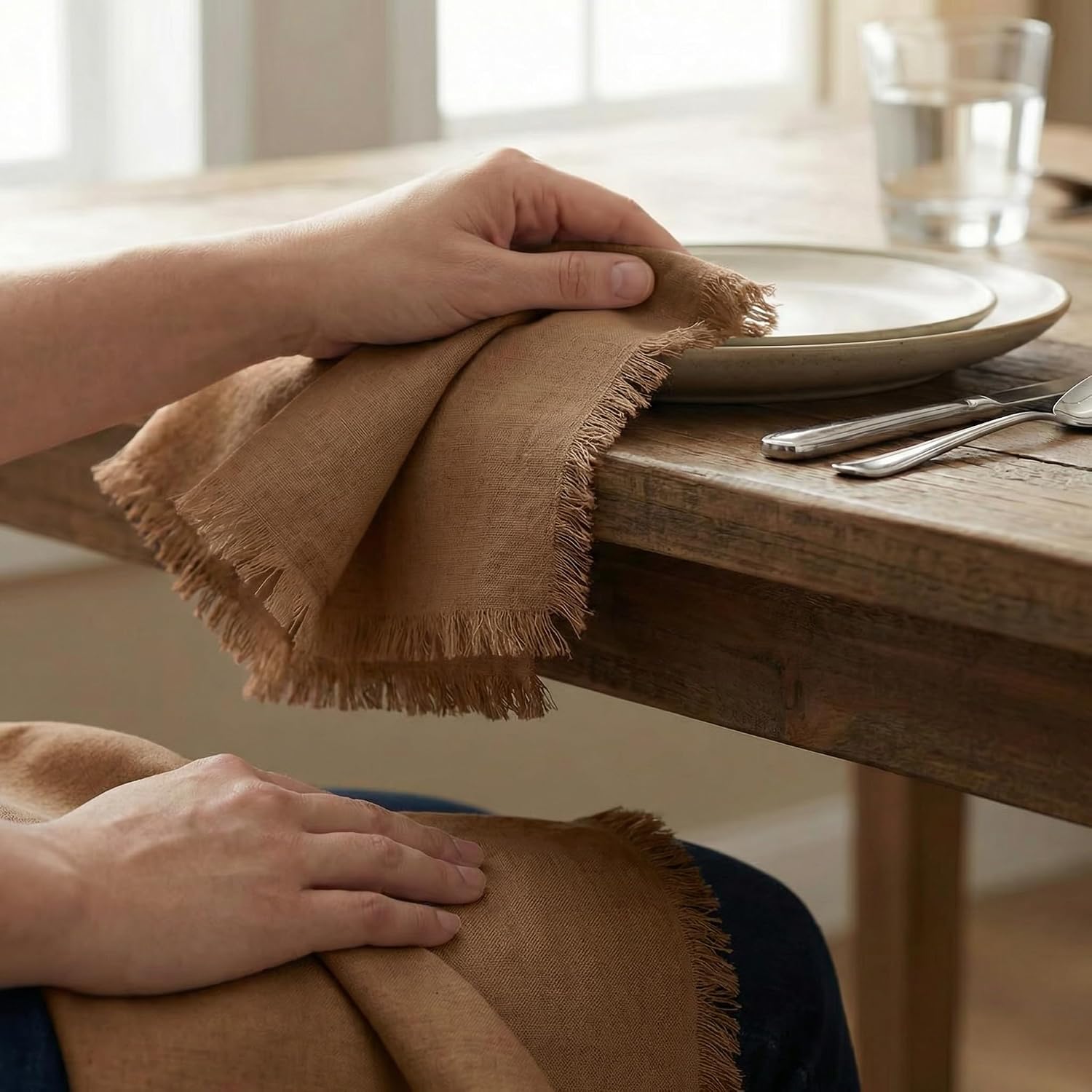 ACCENTHOME Brown Cotton Linen Napkin Set of 12 18x18 inch Dinner Napkins - Washable Soft Premium Hotel Quality Reusable