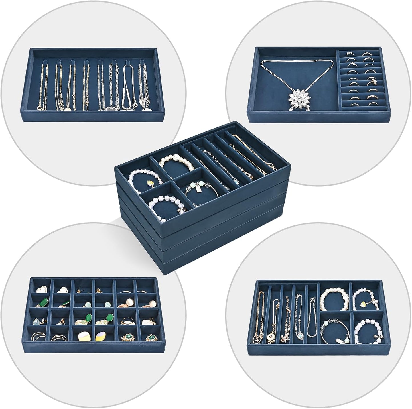 Stackable Jewelry Organizer Trays for Drawers / 4 Layers / Darkblue