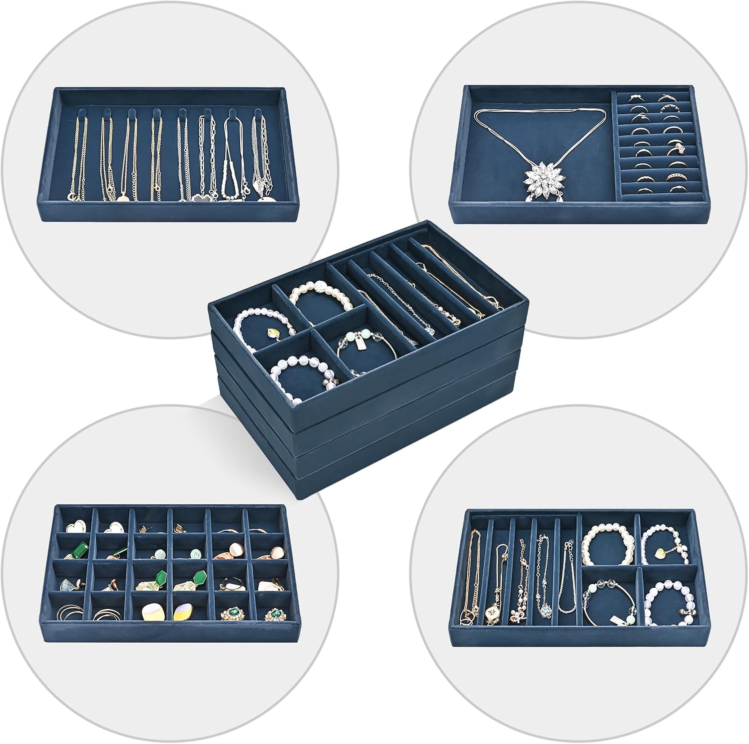 Stackable Jewelry Organizer Trays for Drawers / 4 Layers / Darkblue
