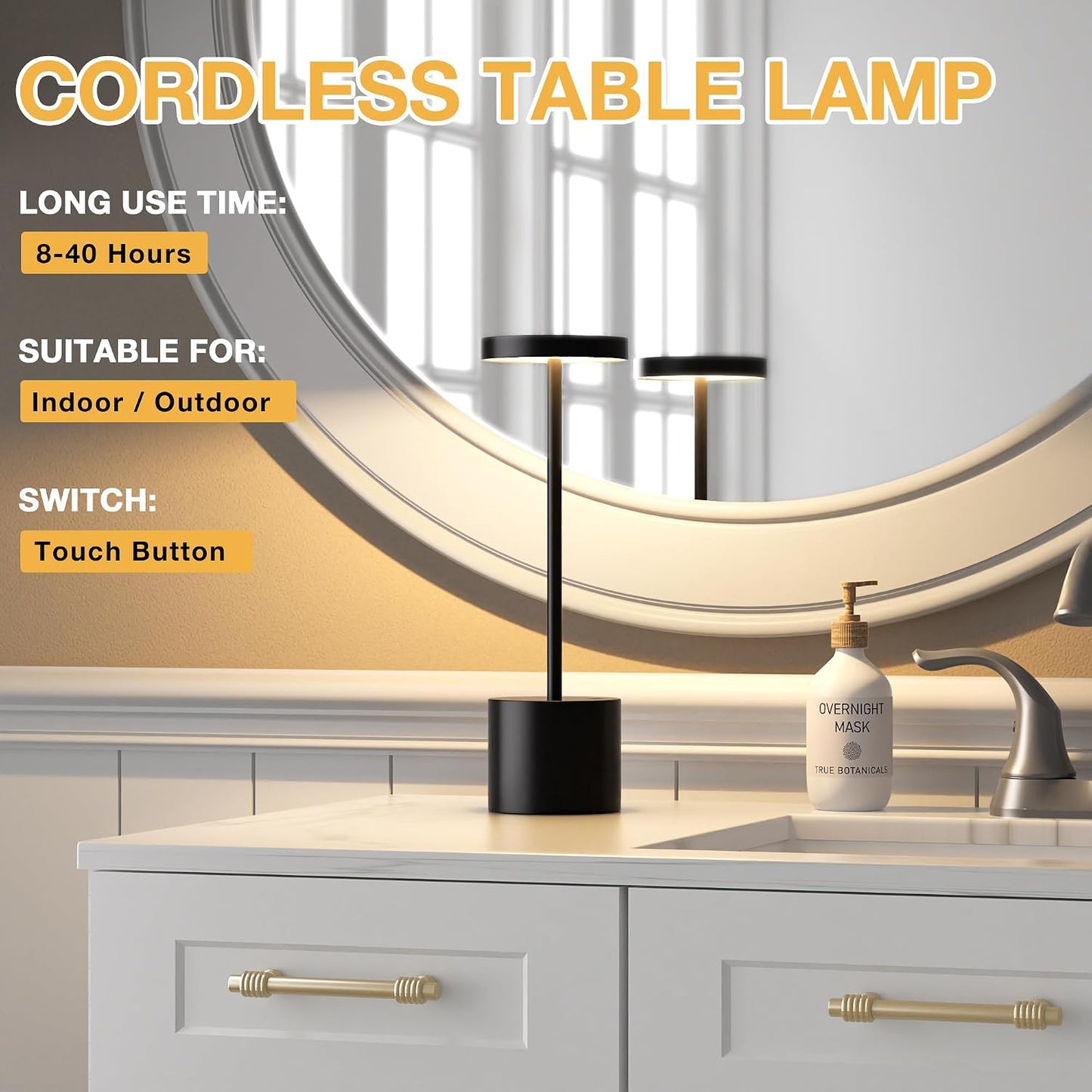 Cordless Rechargeable Table Lamp, 4000mAh Battery Operated, Black, 2 Pack | Wireless LED Lamp, 3 Color Modes, Stepless