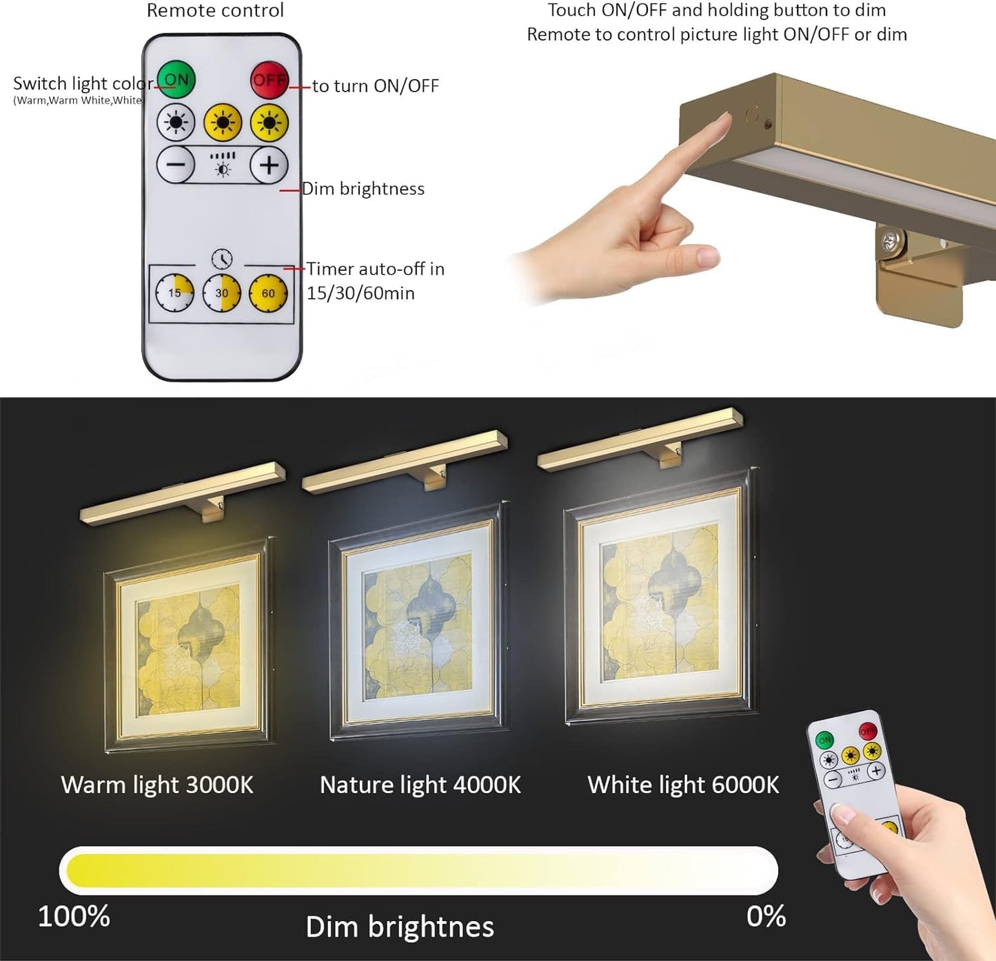 MIOBLUE Rechargeable Picture Lights with Remote, 16" Battery Operated Painting Light Display Lamp with 3 Lighting