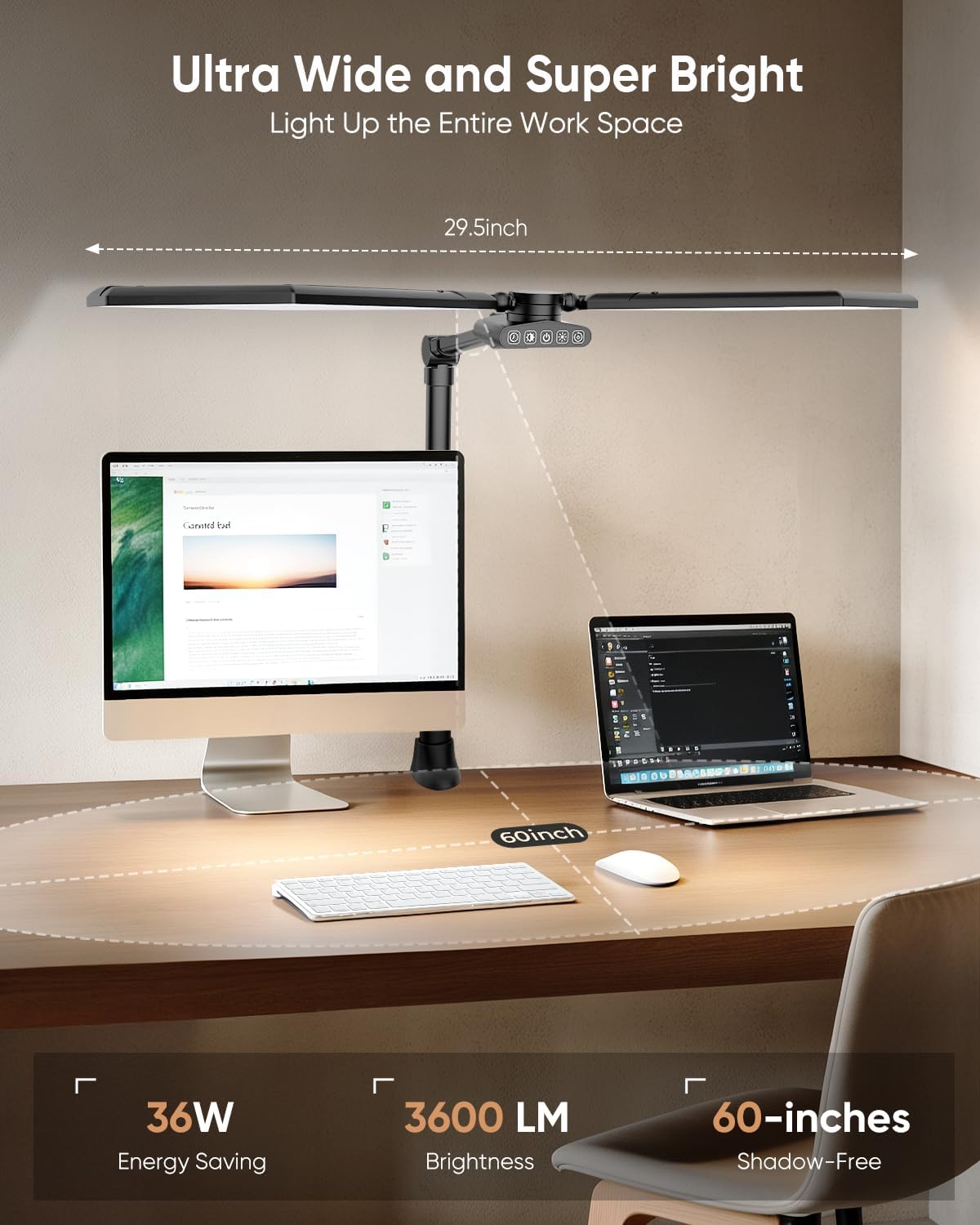 36W LED Desk Lamp with Clamp, Dual-Head Architect Lamp with Remote, Black | Ultra Bright 448-LED 3600LM Office Lamp