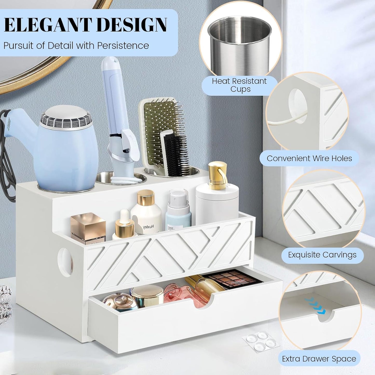 Hair Tool Organizer, Hair Dryer Holder with Drawer, Bathroom Countertop Organizer for Bathroom Accessories, Blow Dryer