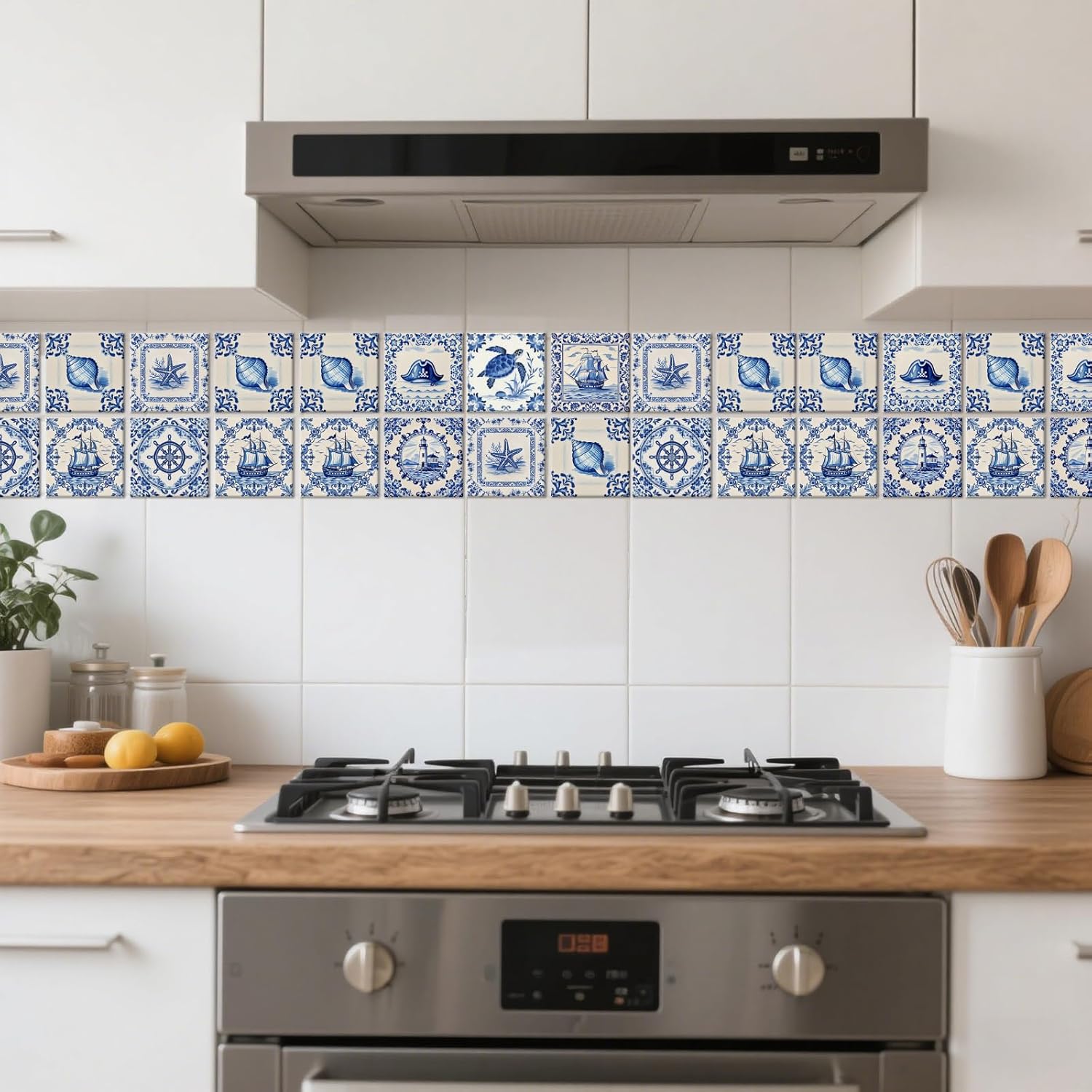 9 Style Vintage Pattern Peel and Stick Wall Tile Sticker Boats / Nautical Elements / Set of 72
