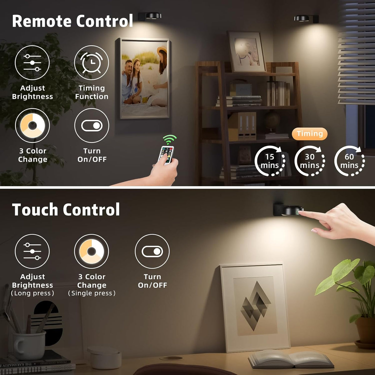 6 Pcs Picture Lights, Rechargeable Battery Operated Dimmable 3-Color Wall Light with Remote & Timer for Paintings