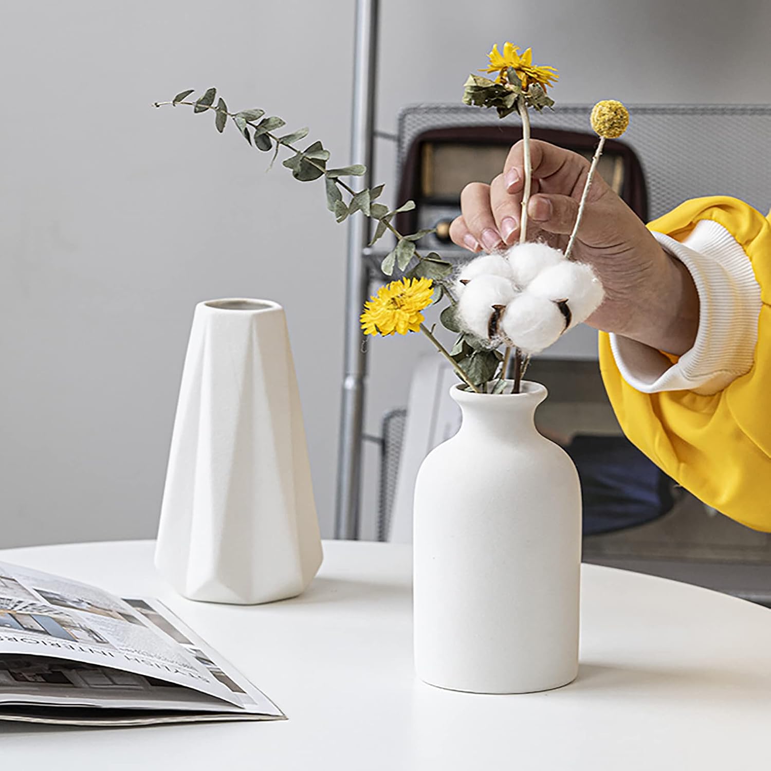 White Ceramic vases Home Decor Small vase Set Boho vase Modern Farmhouse / Beige Black / Set of 2