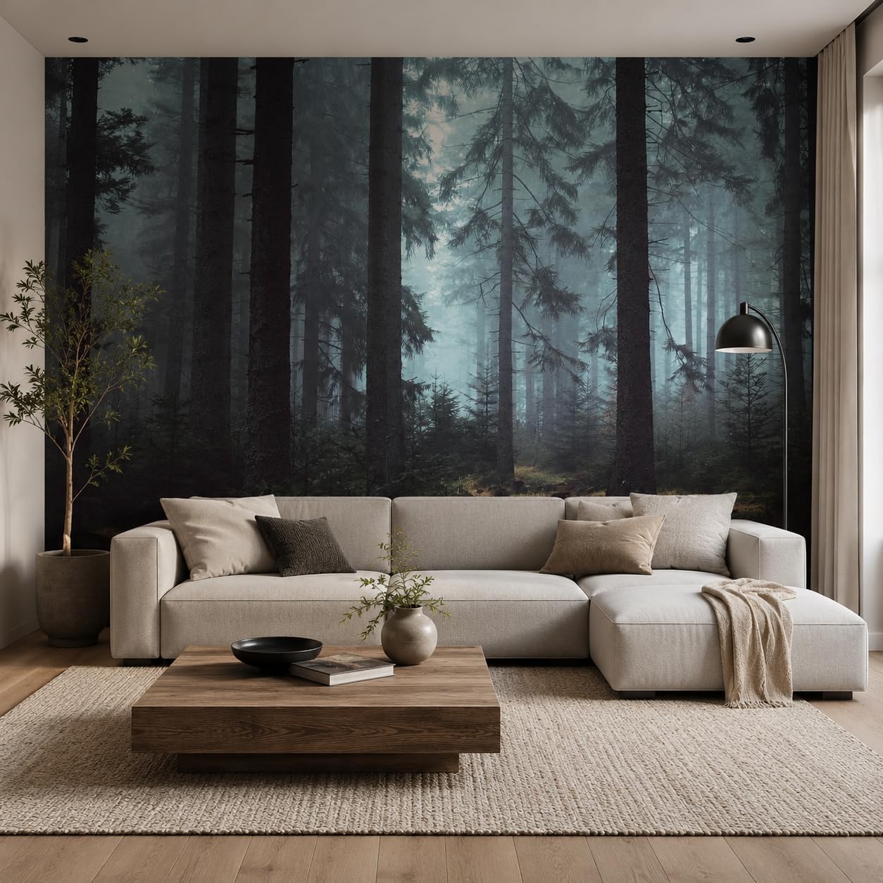 Foggy Forest Wall Murals Peel and Stick 148" Wx 98" H Misty Woodland Tree Self / Gray / 148 x 98